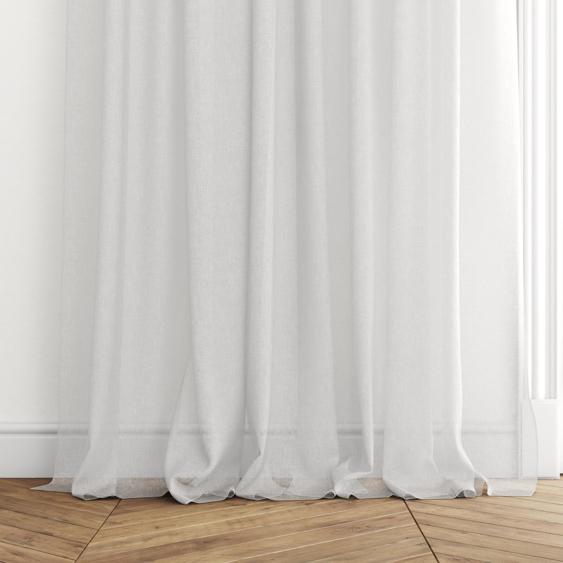 Bottom view of Tempest Whitewash, puddled with pinch pleat, on curtain rod