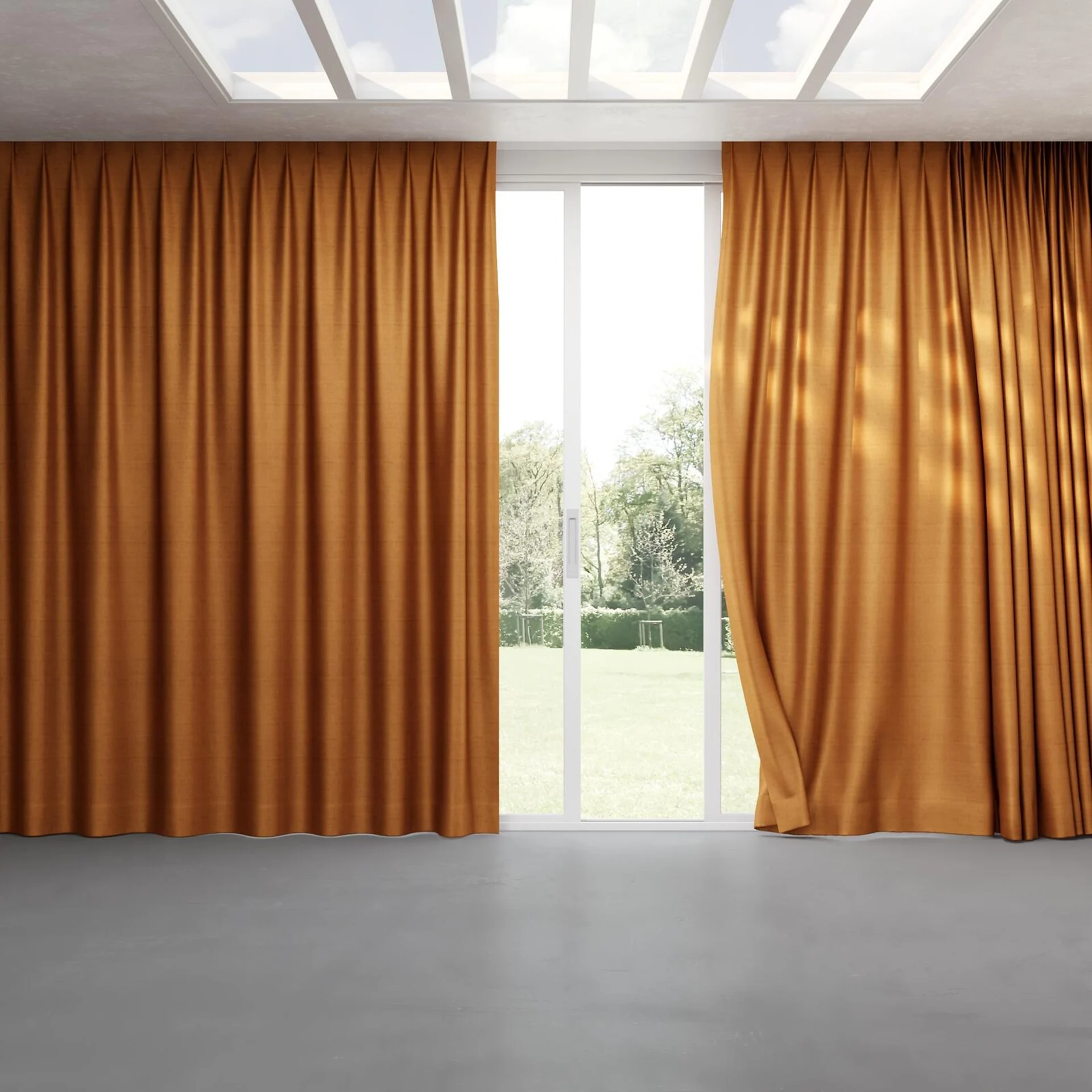 Full view of Zircon Terra, pinch pleat