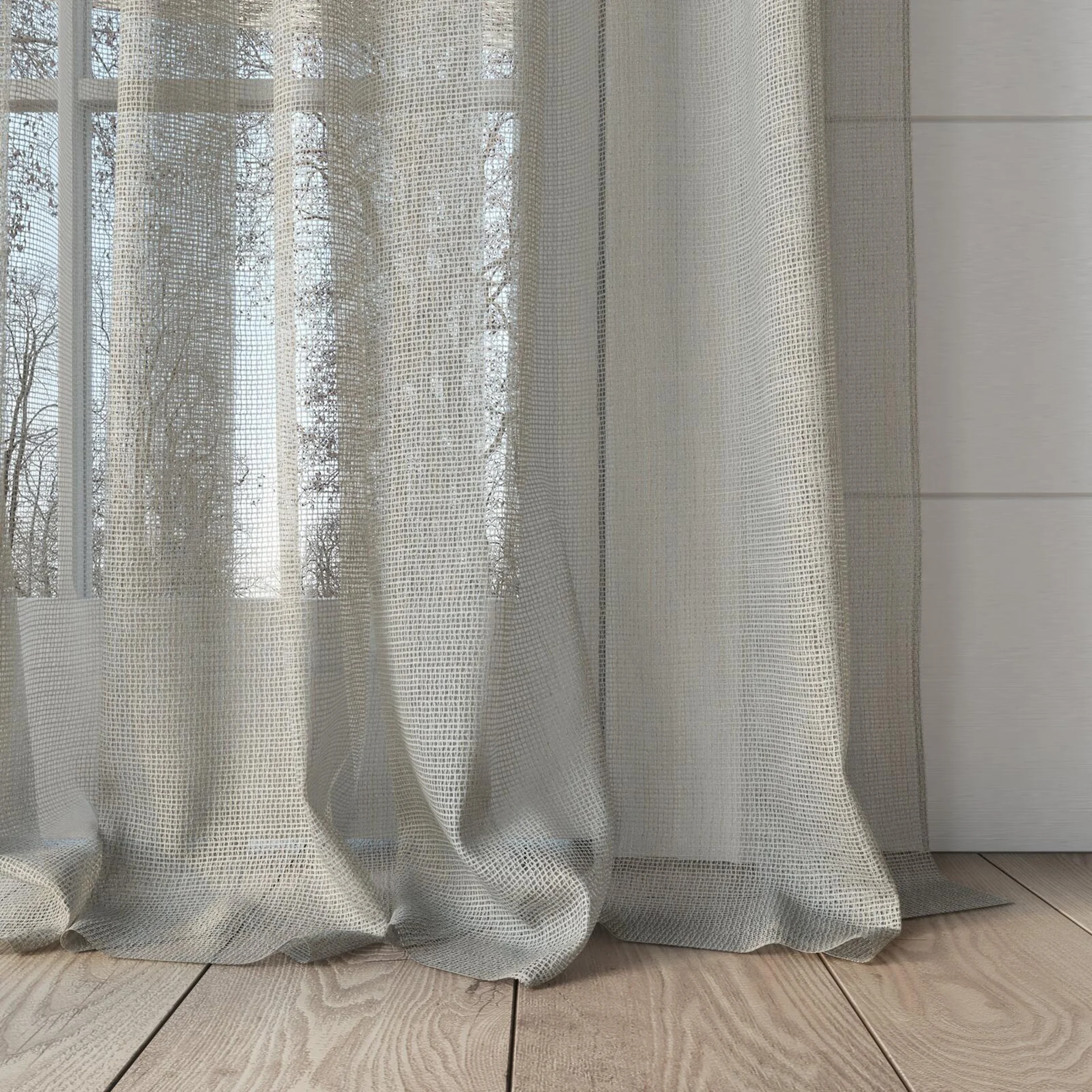 Bottom view of Radiant Sand, puddled, on curtain rod