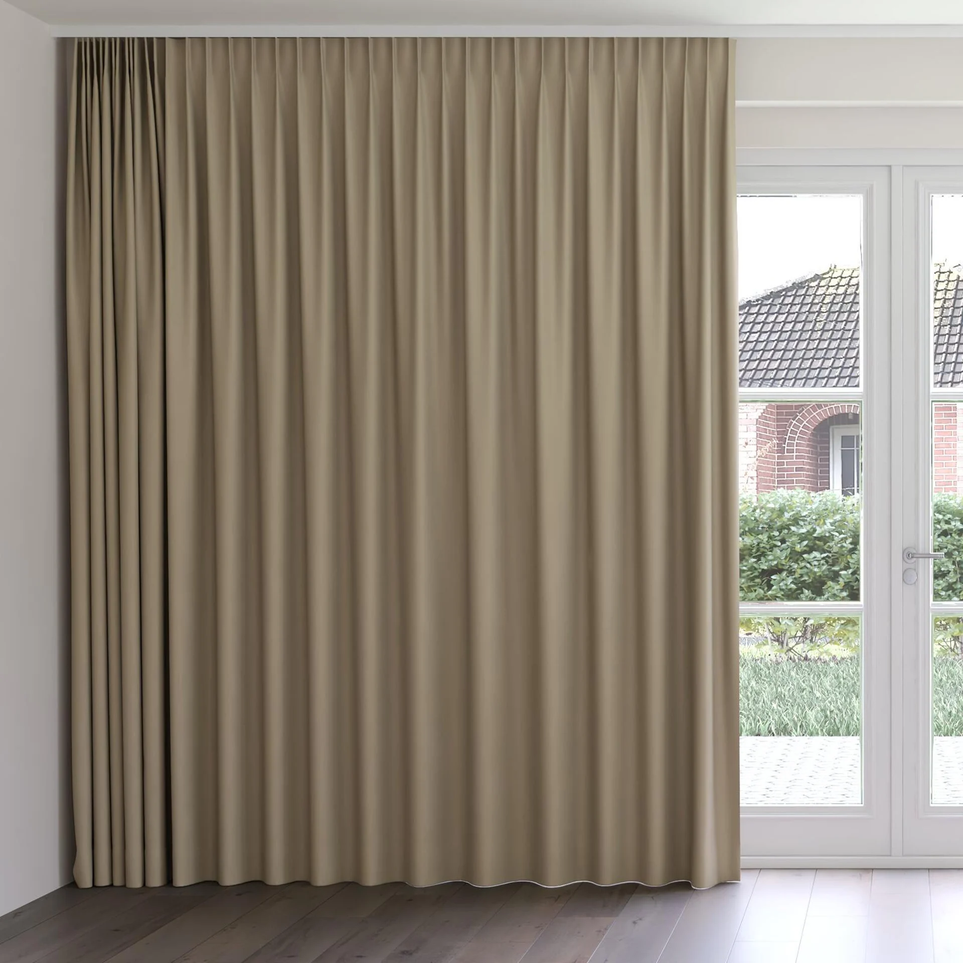 Front view of Ultra Dim Fresco, on curtain rail