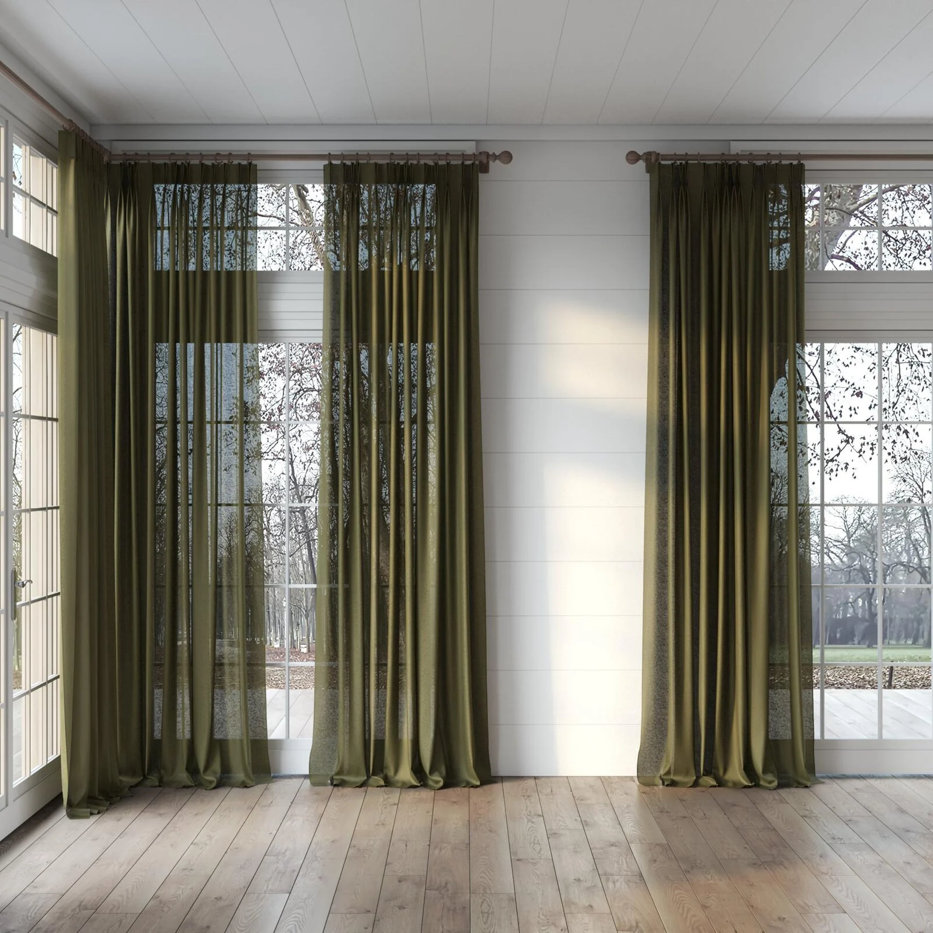 Full view of Laconia Air Moss, puddled, on curtain rod