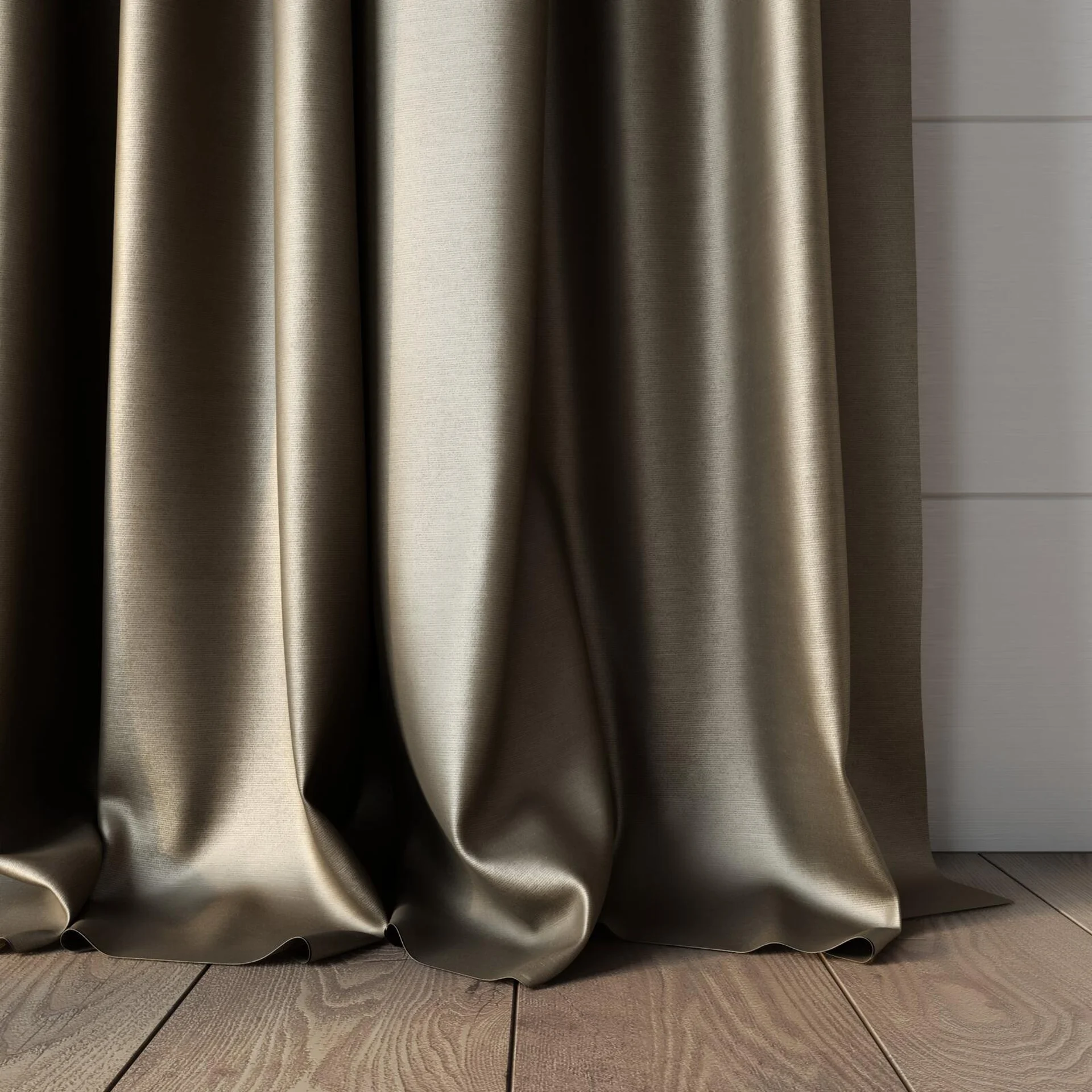 Bottom view of Mont Blanc Taupe, puddled, on curtain rod