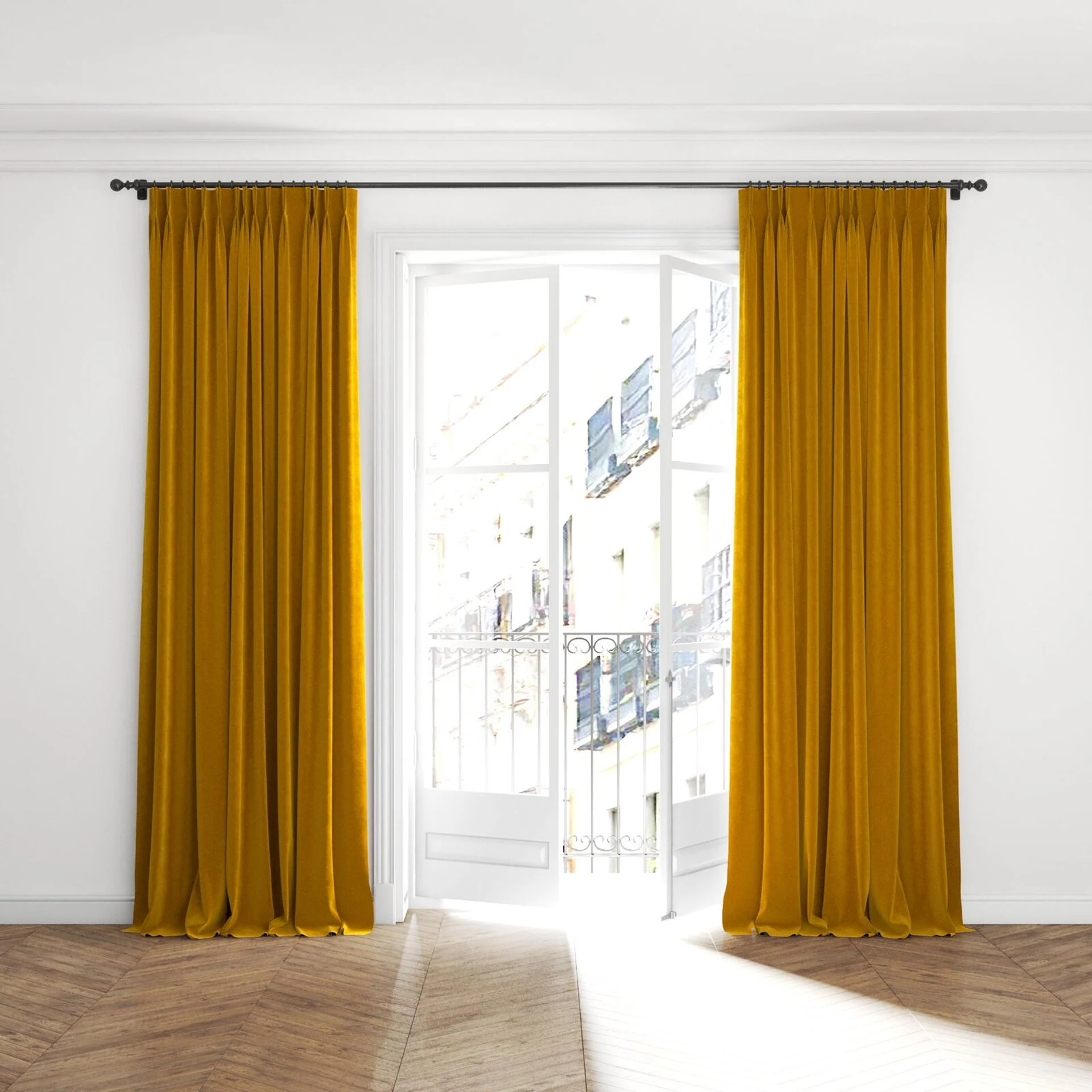 Full view of Vienna Antique, puddled with pinch pleat, on curtain rod