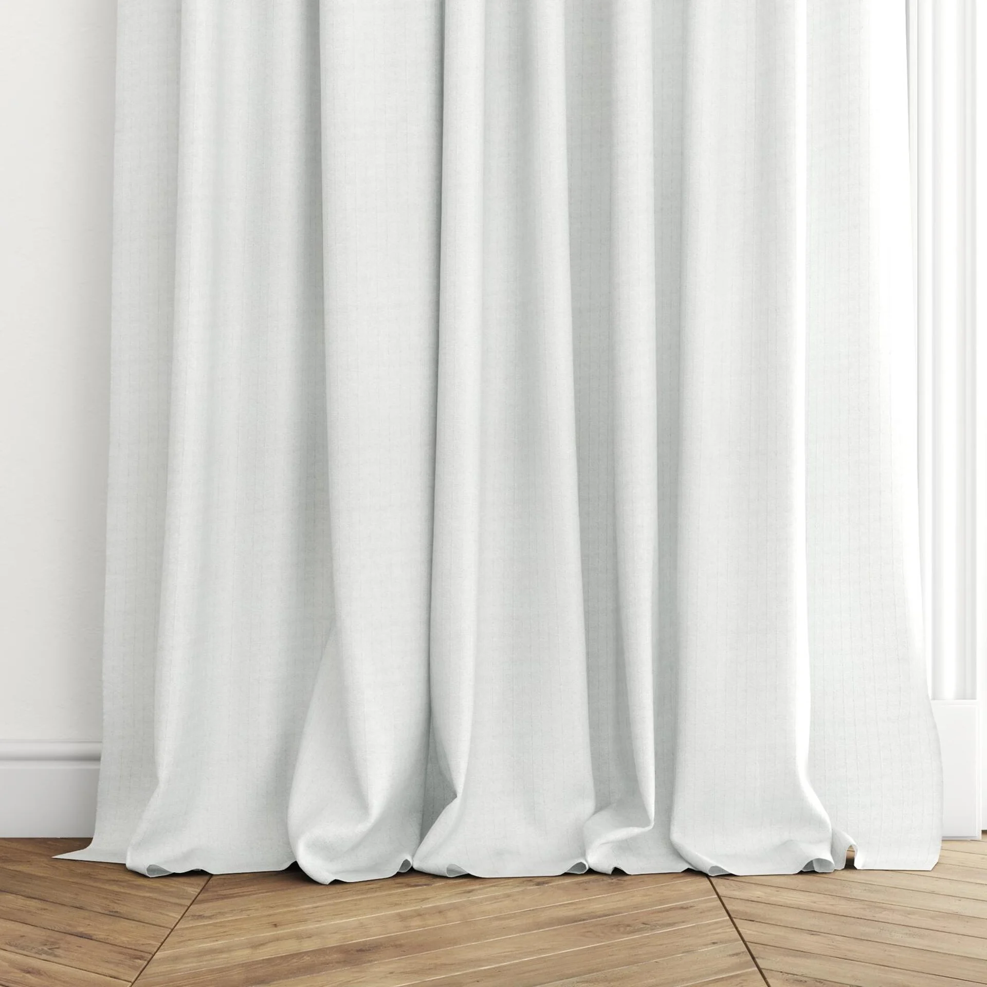 Bottom view of Oscillate Ivory, puddled with pinch pleat, on curtain rod