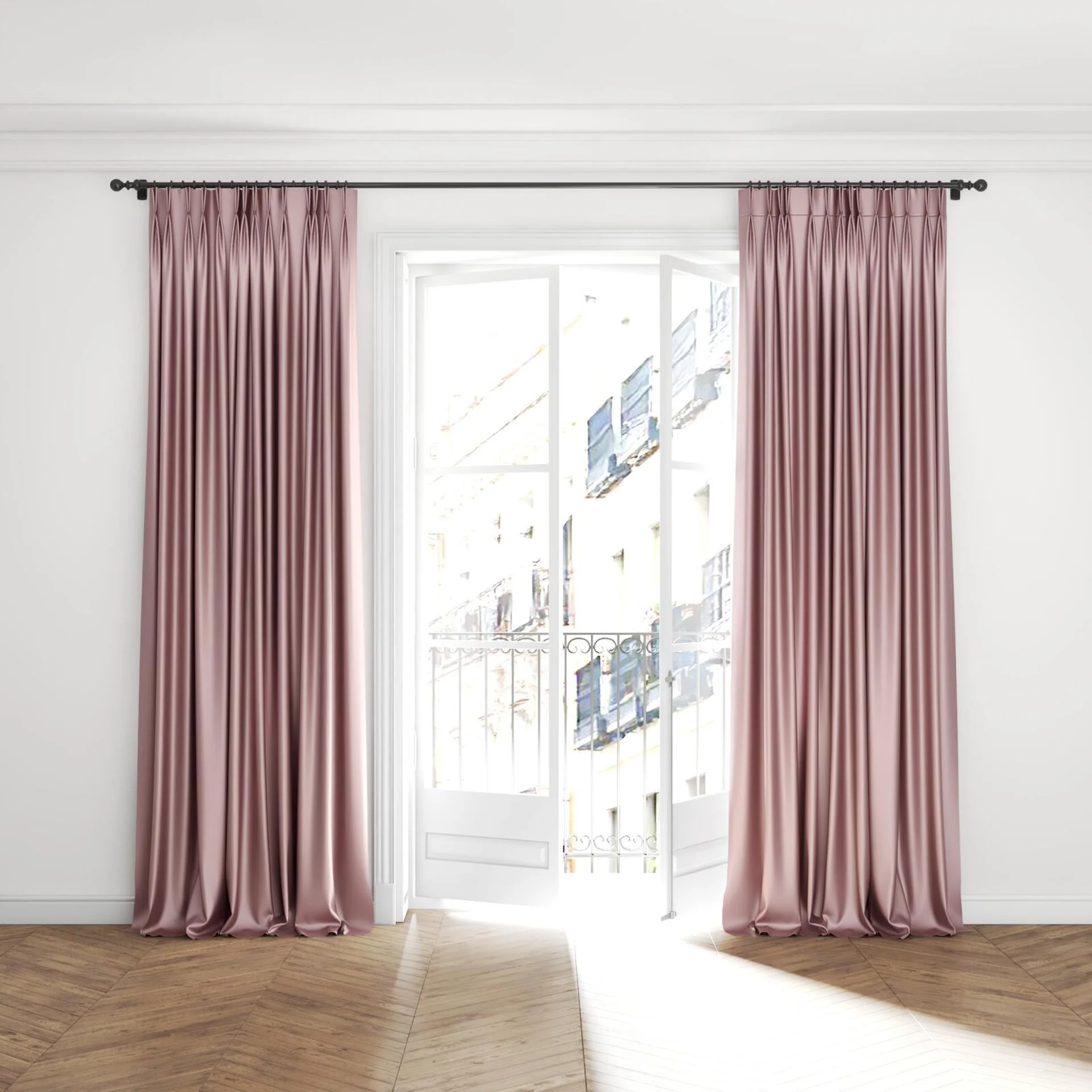 Full view of Moonbeam Orchid, puddled with pinch pleat, on curtain rod