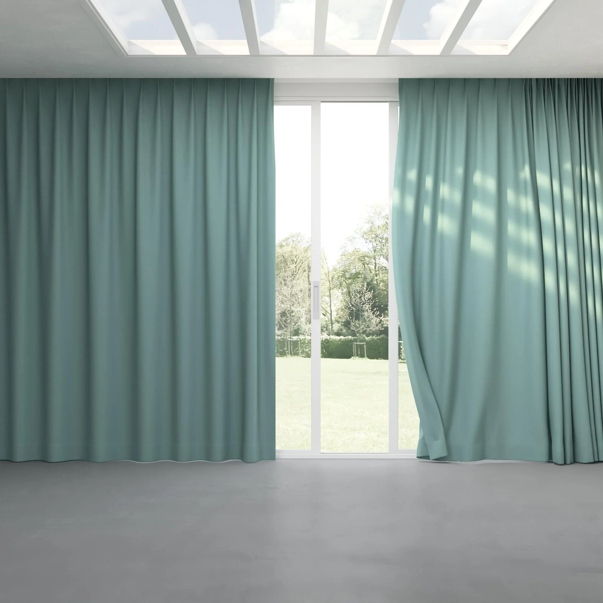 Full view of Darkness Aqua, pinch pleat