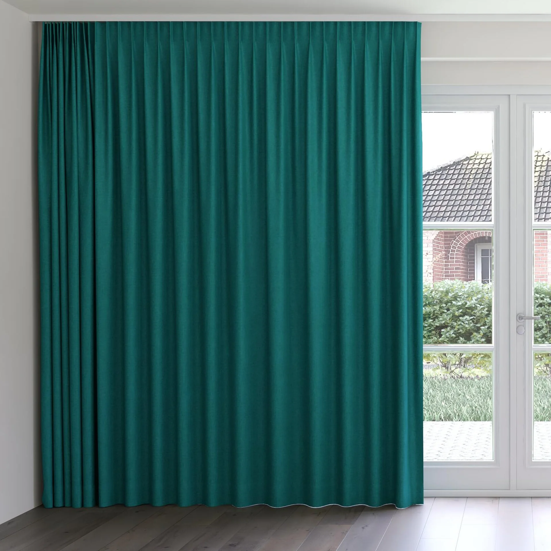 Front view of Rover Teal, on curtain rail