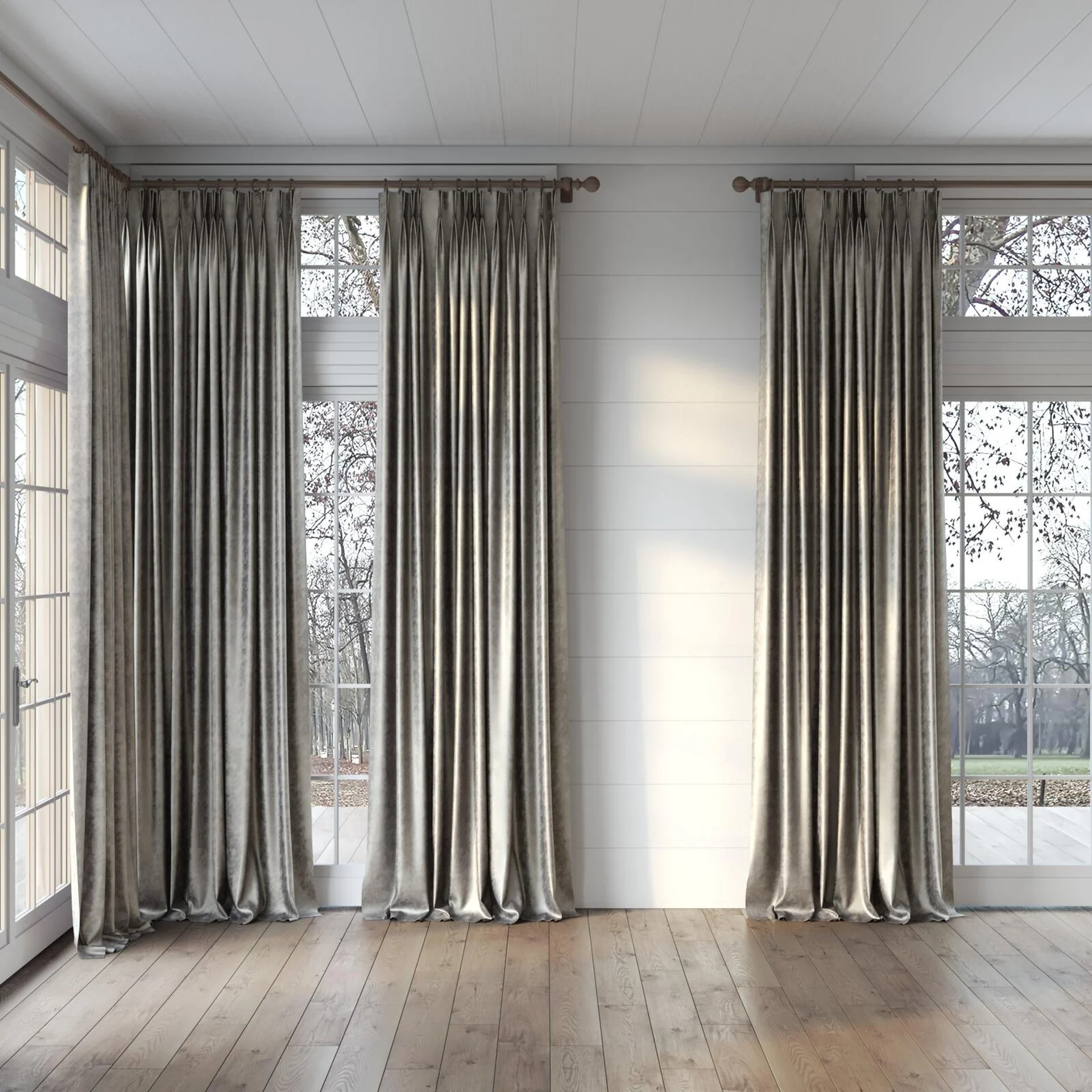 Full view of Fizz Titanium, puddled, on curtain rod