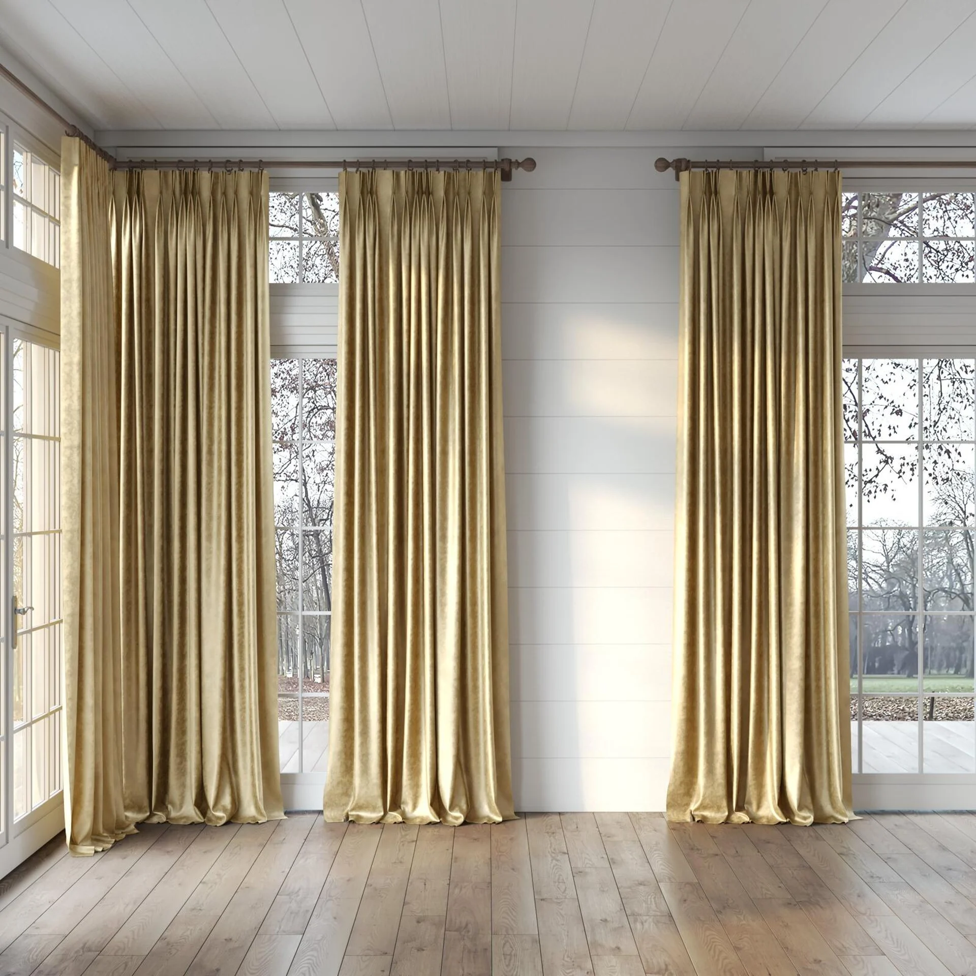 Full view of Fizz Jute, puddled, on curtain rod