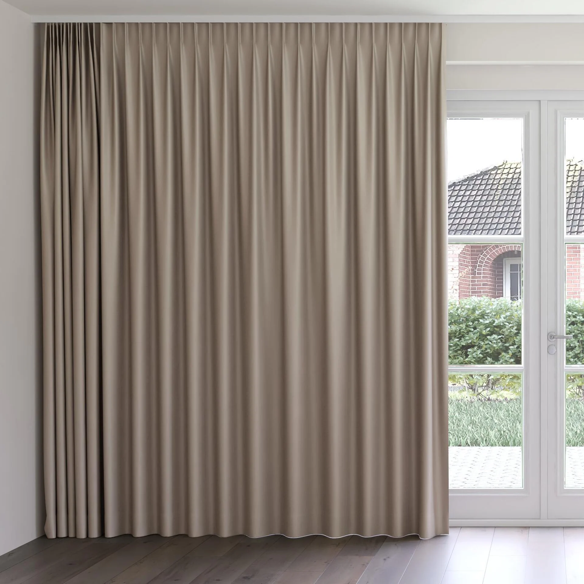 Front view of Heron Sepia, on curtain rail