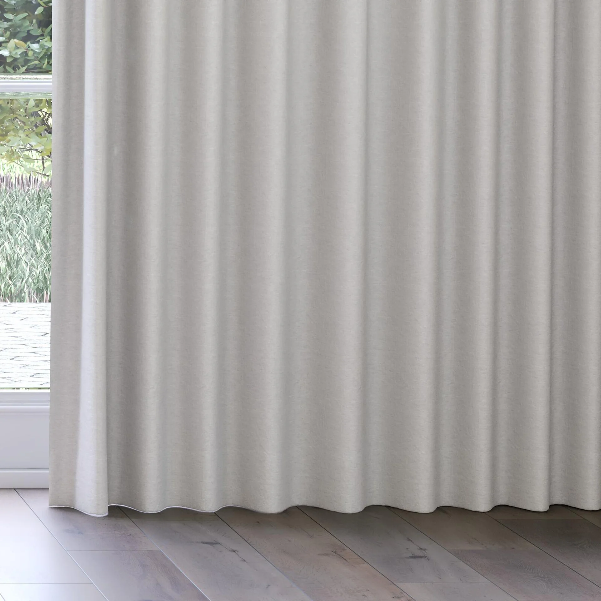 Bottom view of Obi Stonewash Silver Birch, on curtain rail