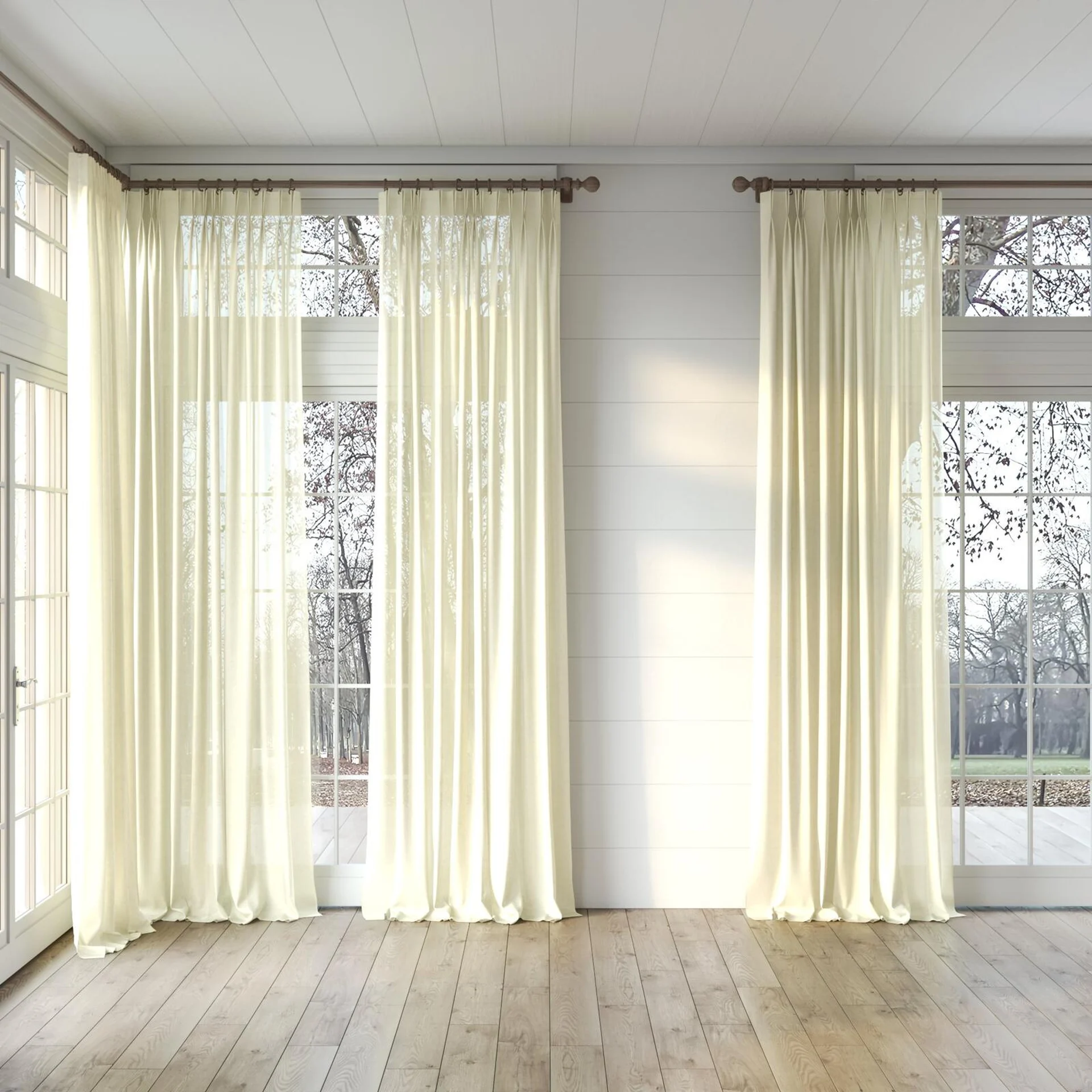 Full view of Flo II Straw, puddled, on curtain rod