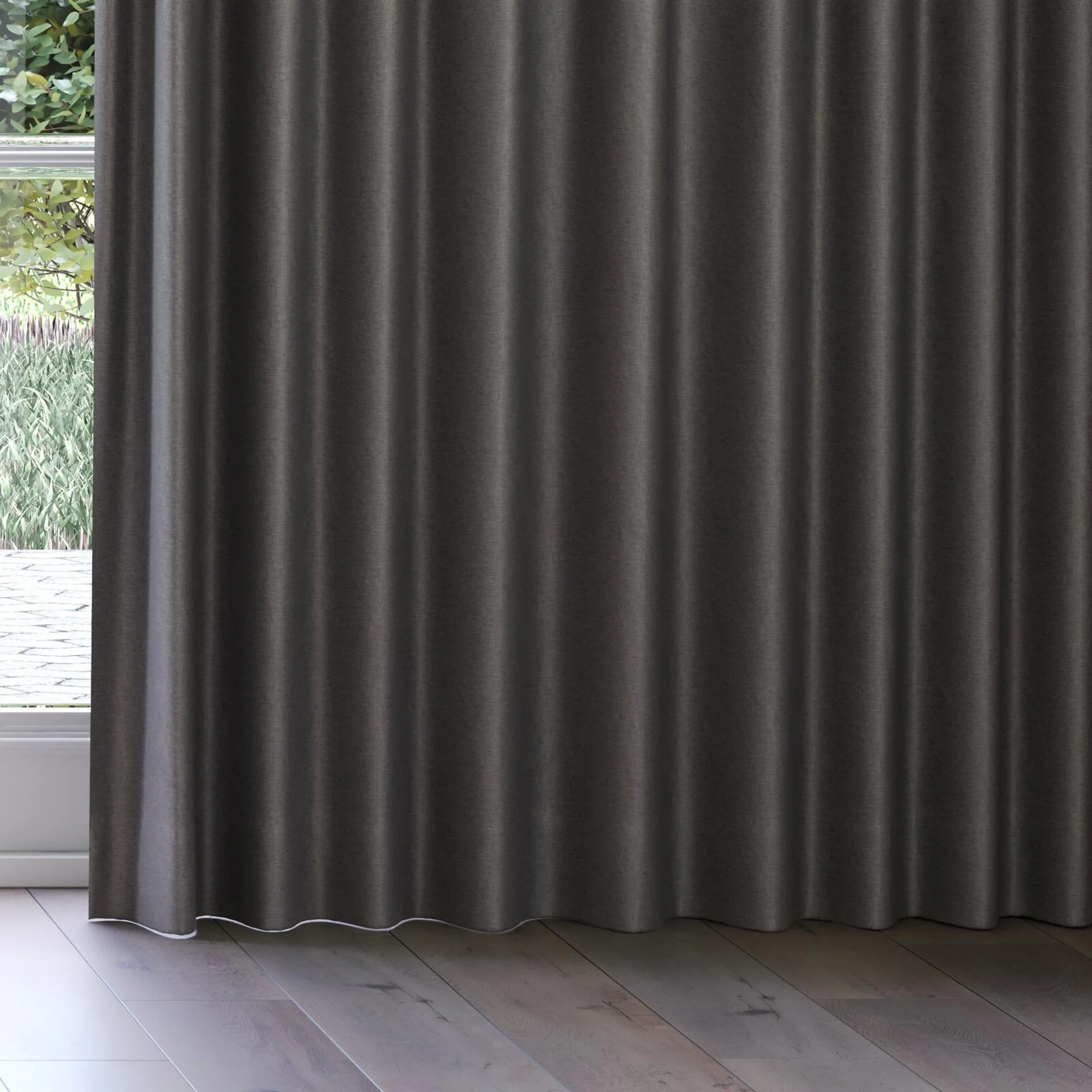 Bottom view of Eclipse Blackout Charcoal, on curtain rail