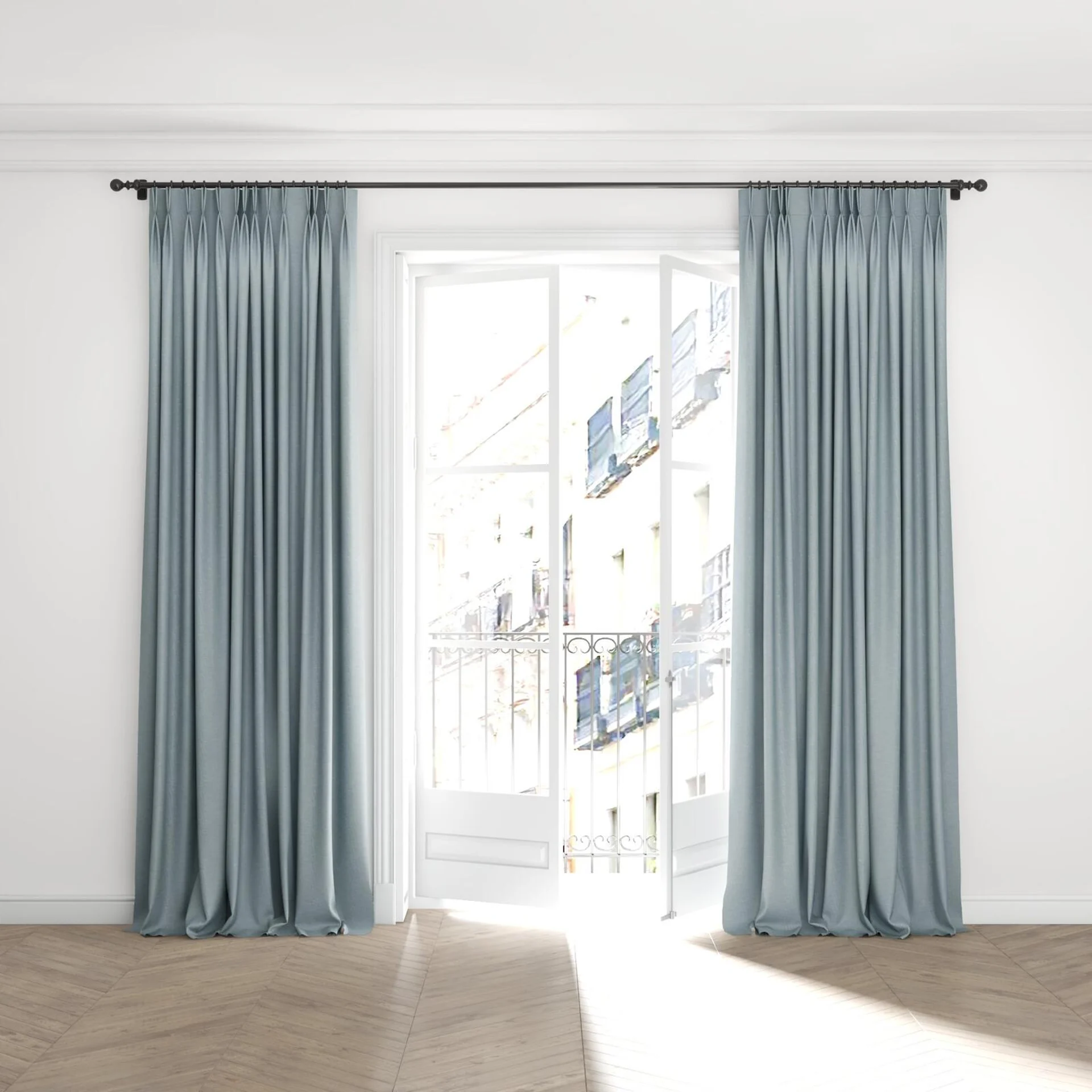 Full view of Casual Pool, puddled with pinch pleat, on curtain rod