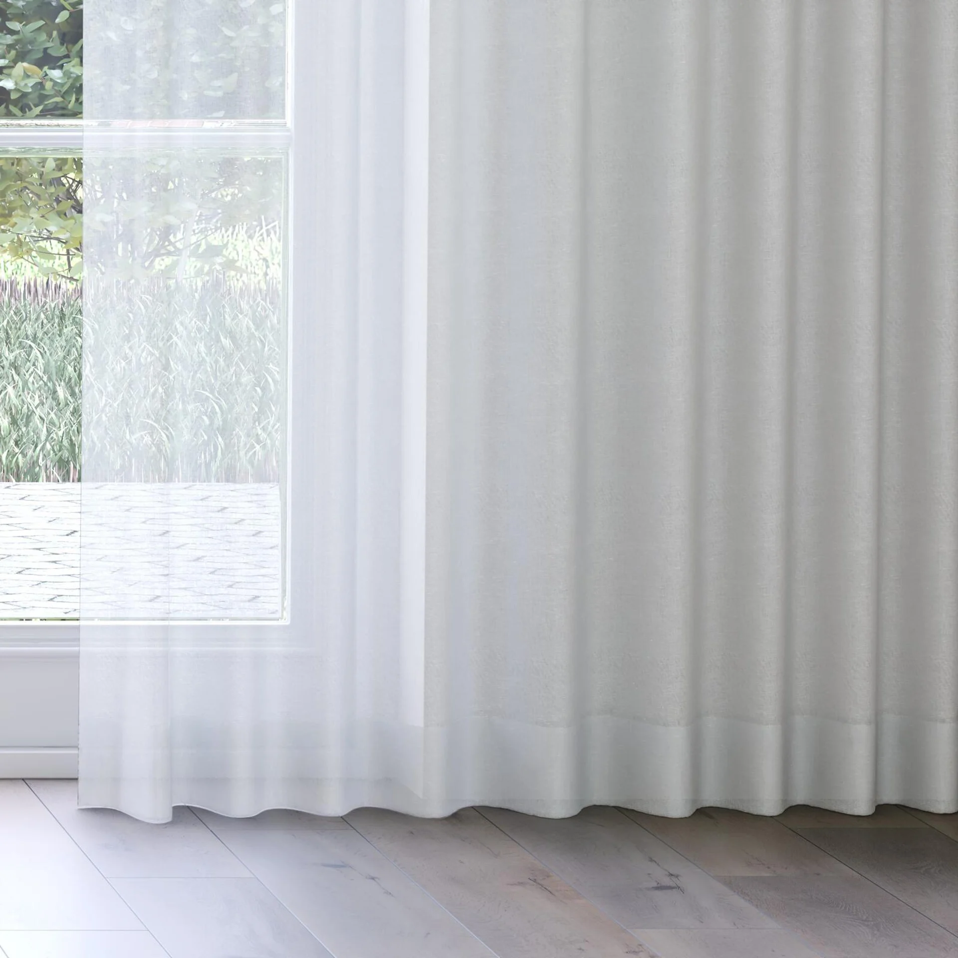 Bottom view of Gesso Lino Sky, on curtain rail
