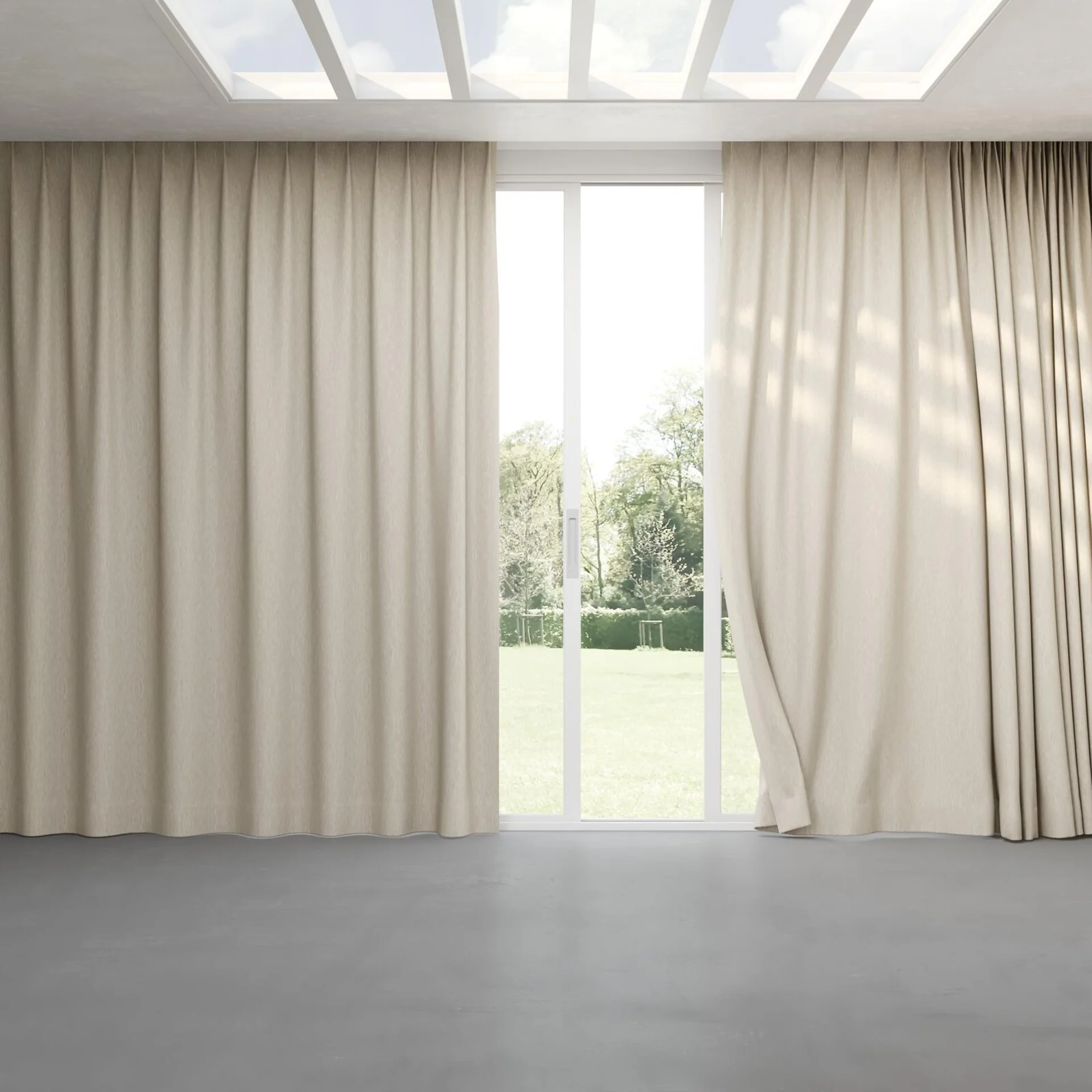 Full view of Tuxedo Sand, pinch pleat