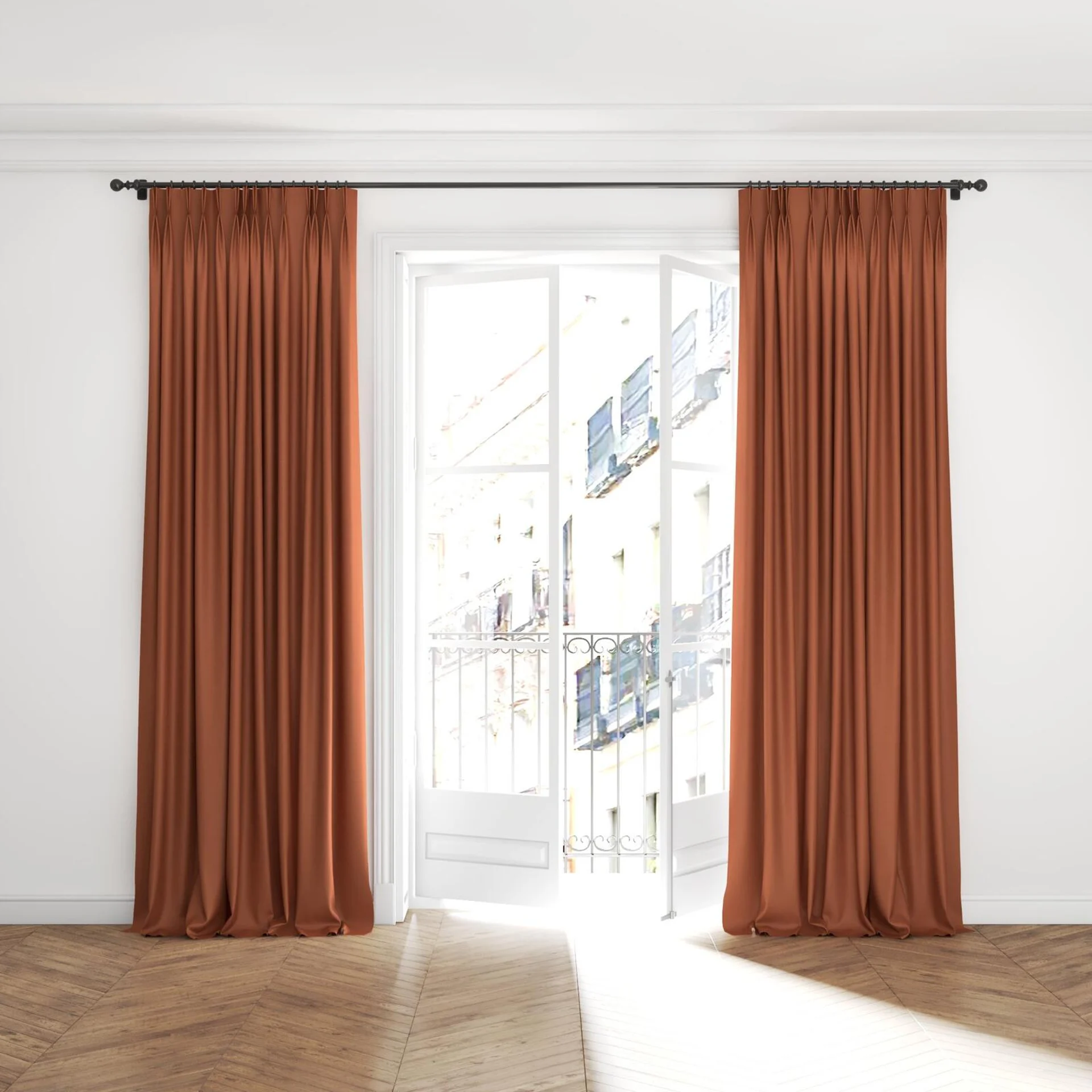 Full view of Colourwash Eco Terra, puddled with pinch pleat, on curtain rod