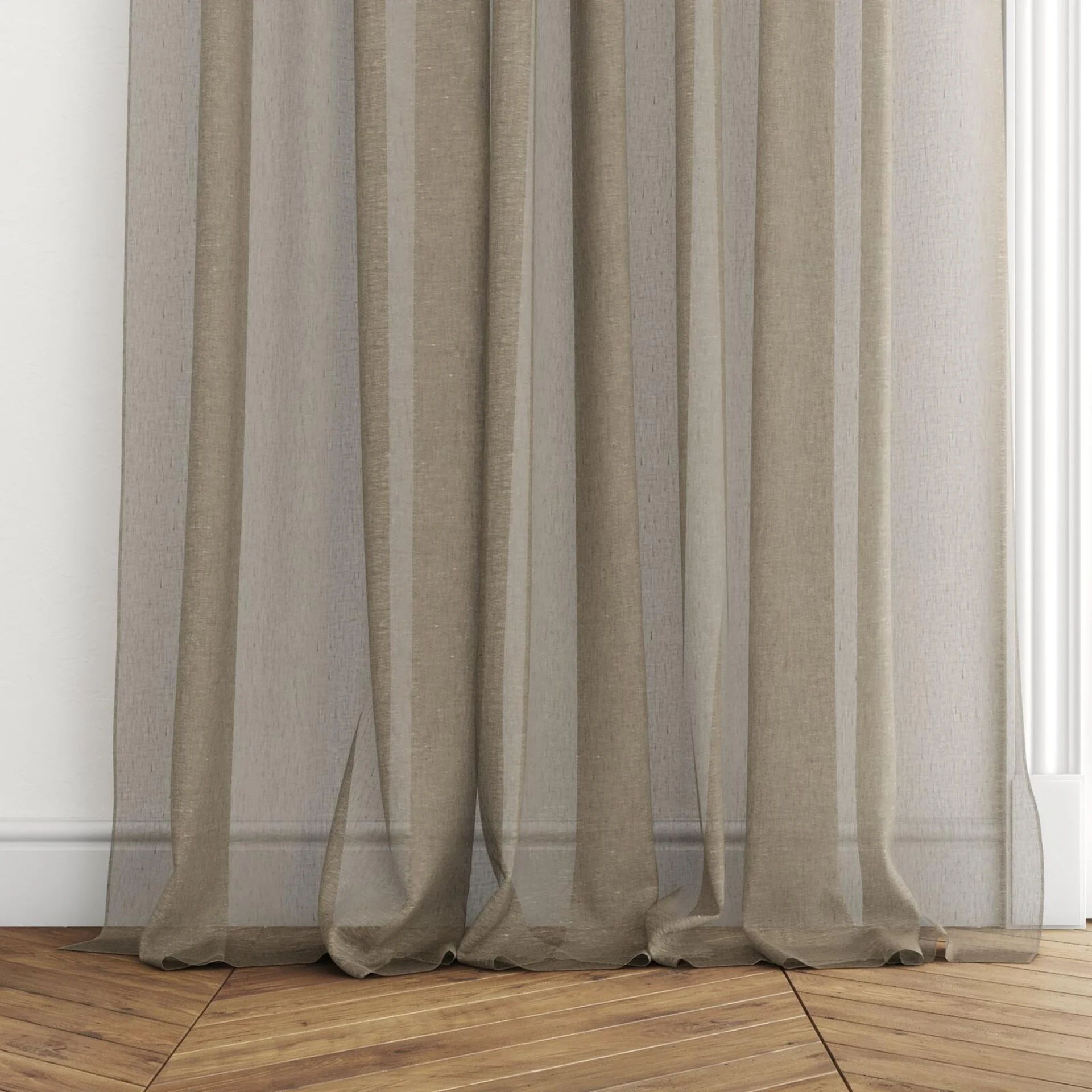 Bottom view of Pure Linen Fossil, puddled with pinch pleat, on curtain rod
