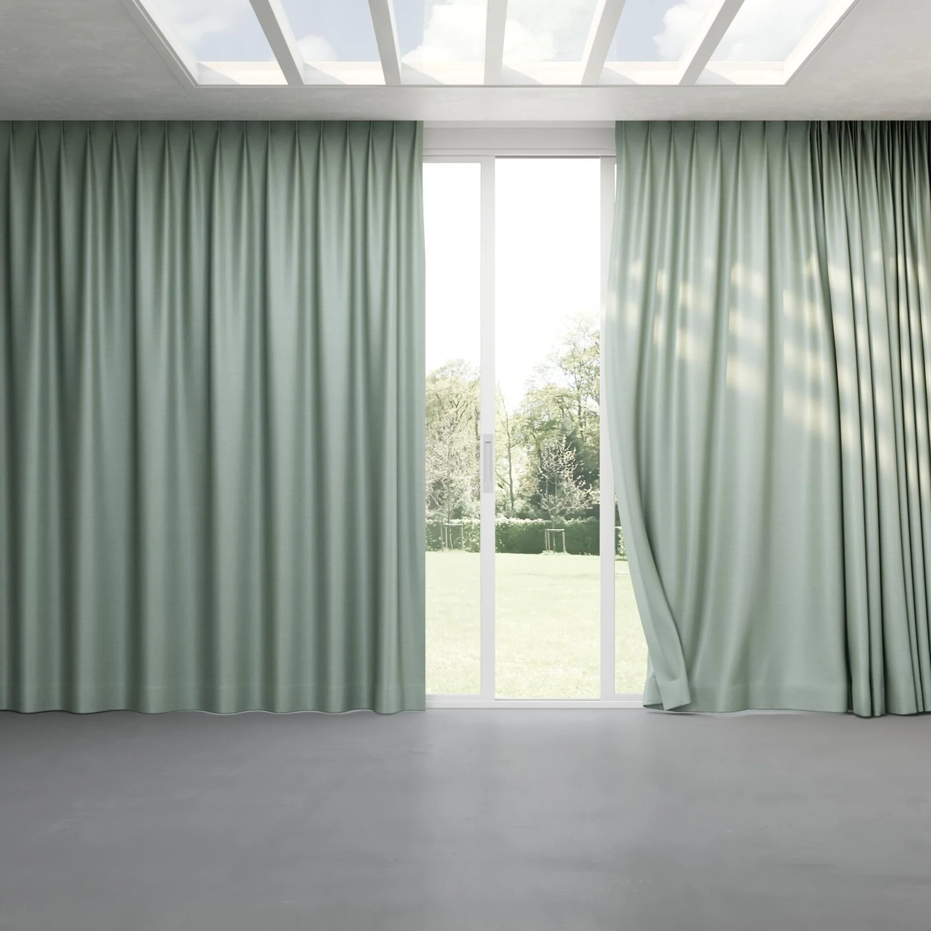 Full view of Silky Duckegg, pinch pleat