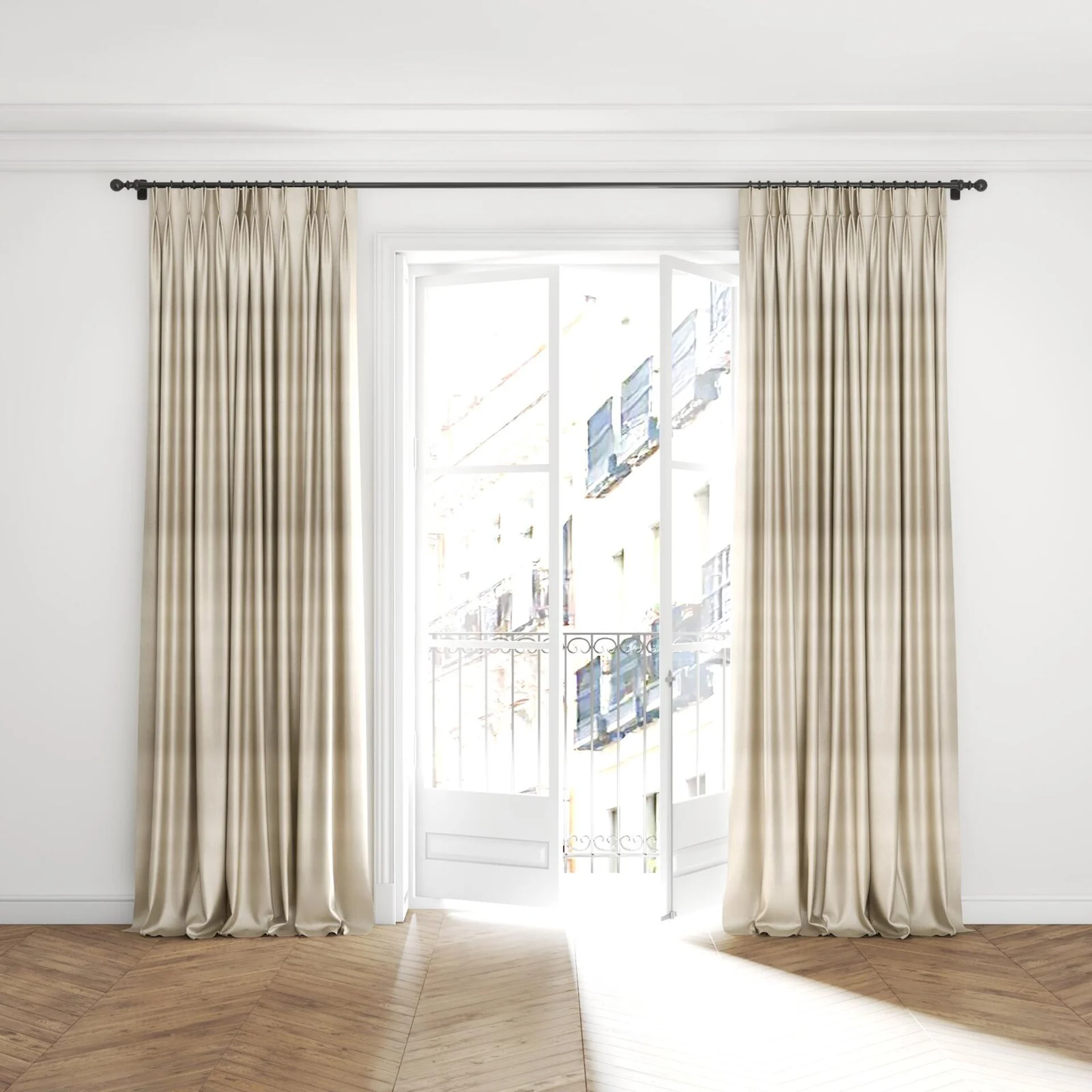 Full view of Glint Beige, puddled with pinch pleat, on curtain rod