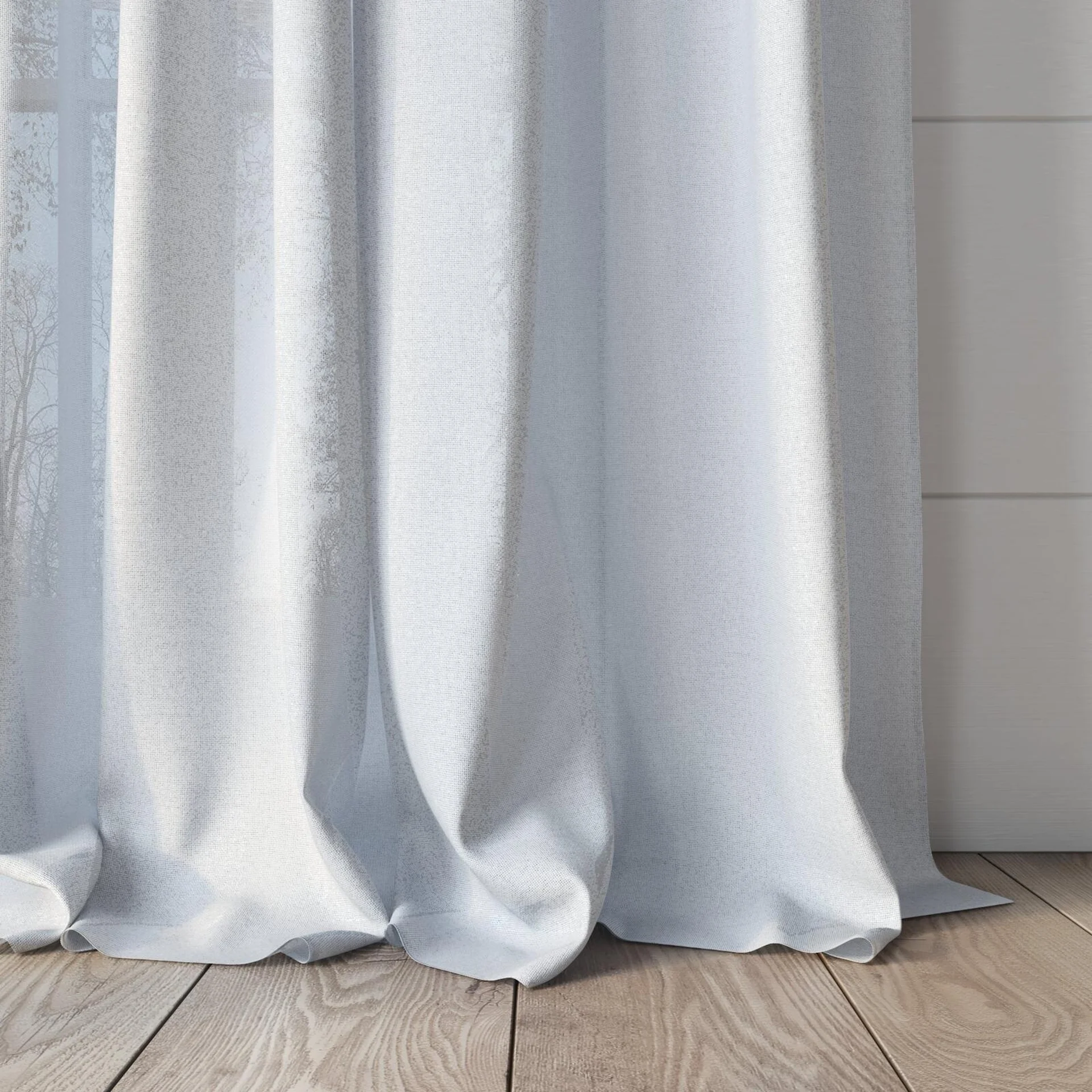 Bottom view of Rava Snow, puddled, on curtain rod