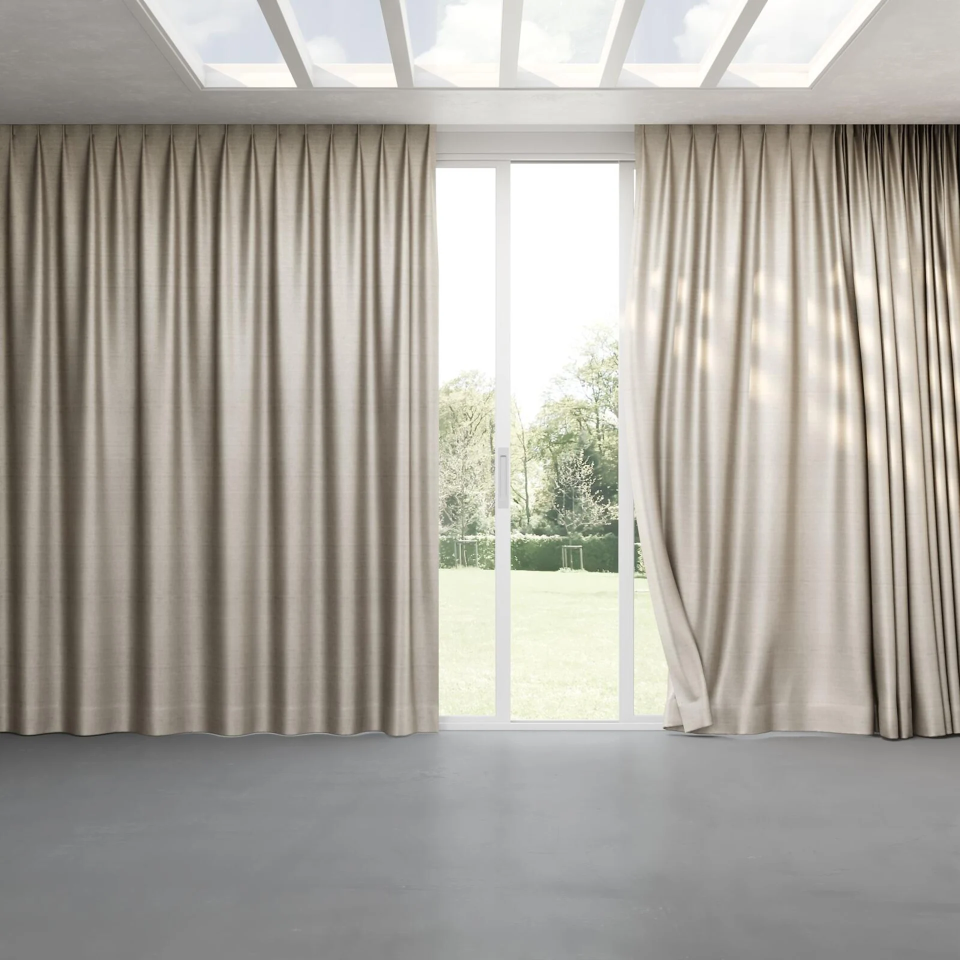 Full view of Zircon Stucco, pinch pleat