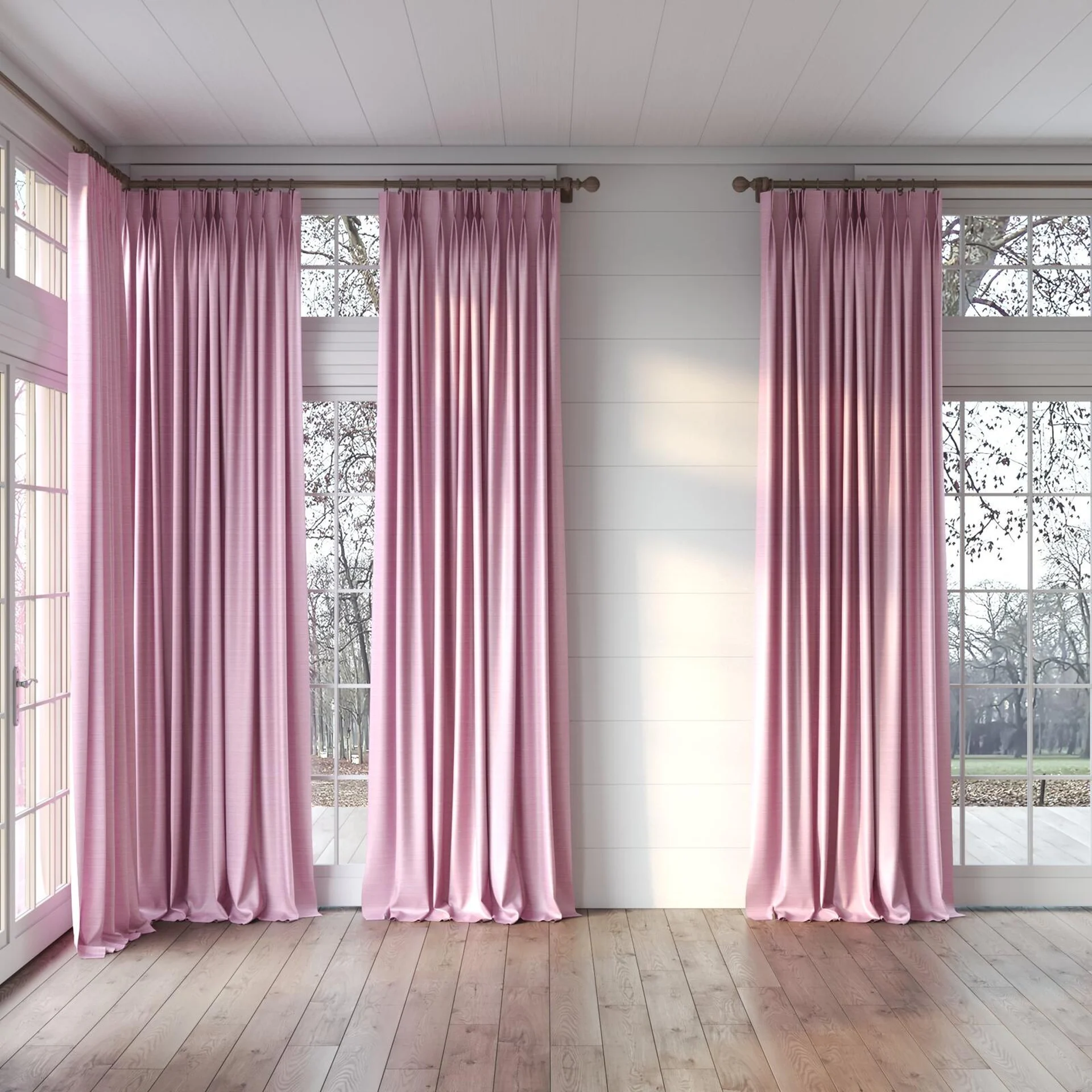 Full view of Silky Rose, puddled, on curtain rod