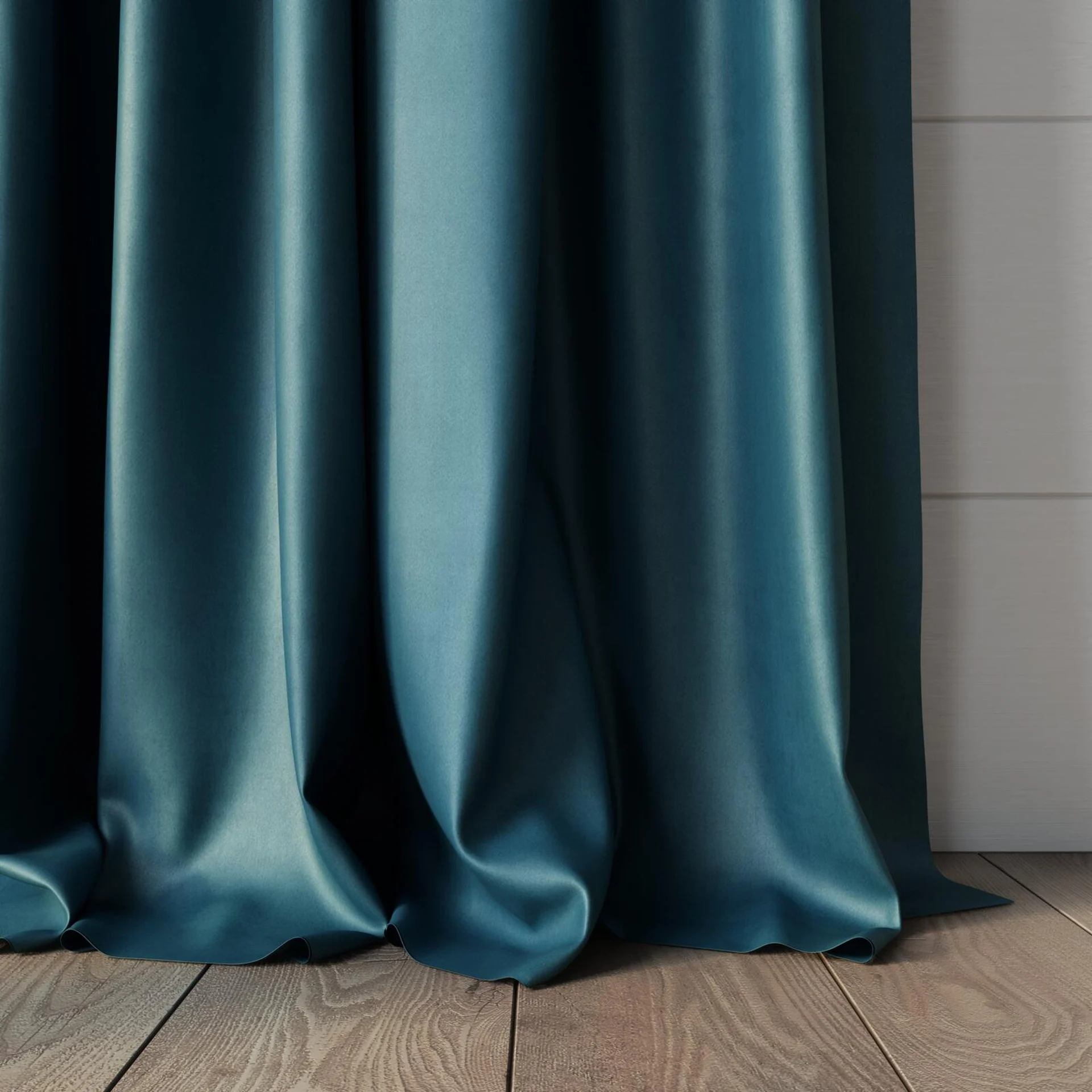 Bottom view of Warlock Teal, puddled, on curtain rod