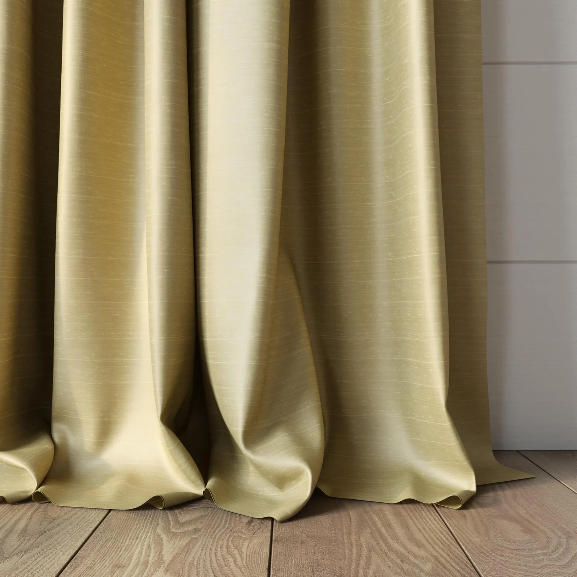 Bottom view of Silky Raffia, puddled, on curtain rod