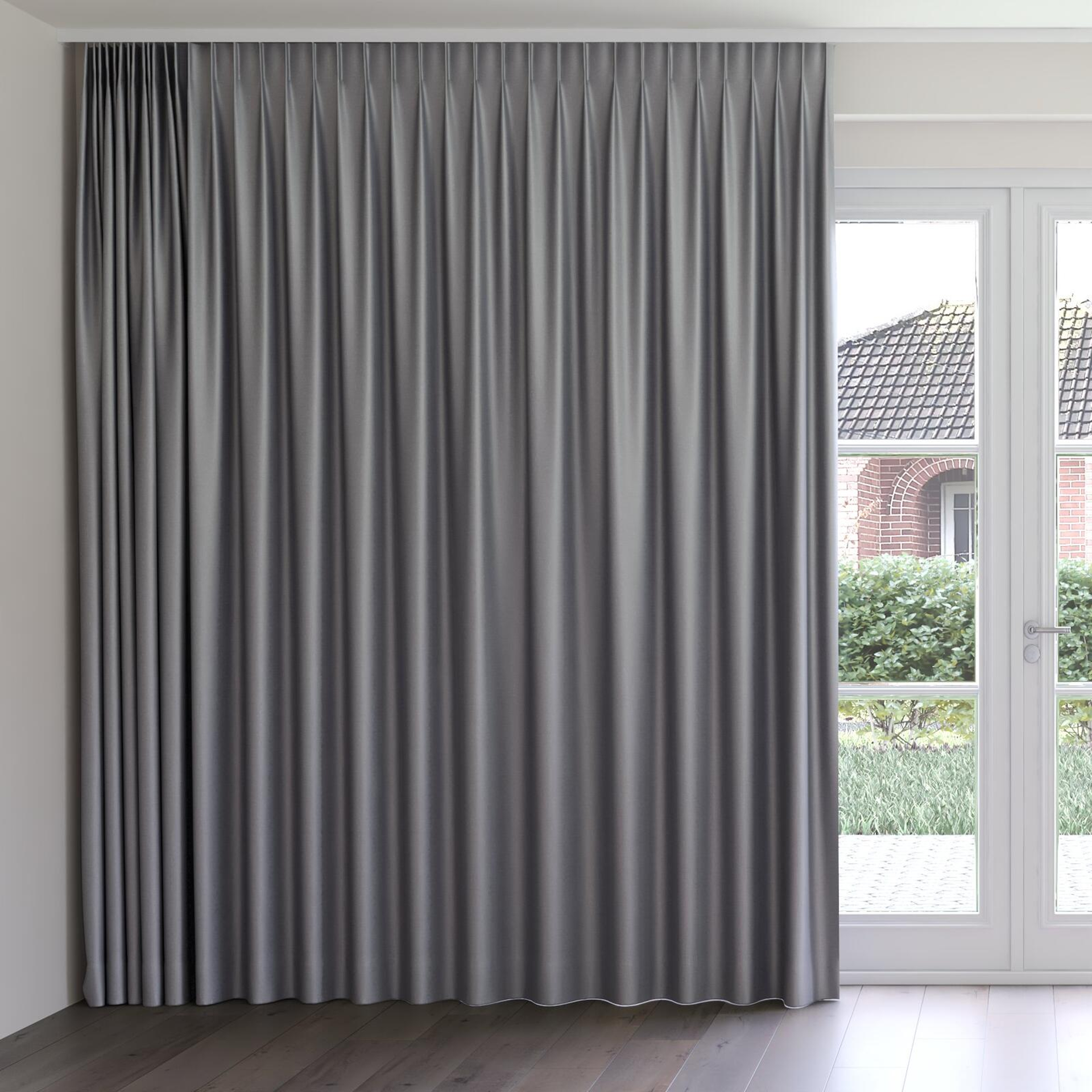 Front view of Stallion 2 Blackout Shadow, on curtain rail