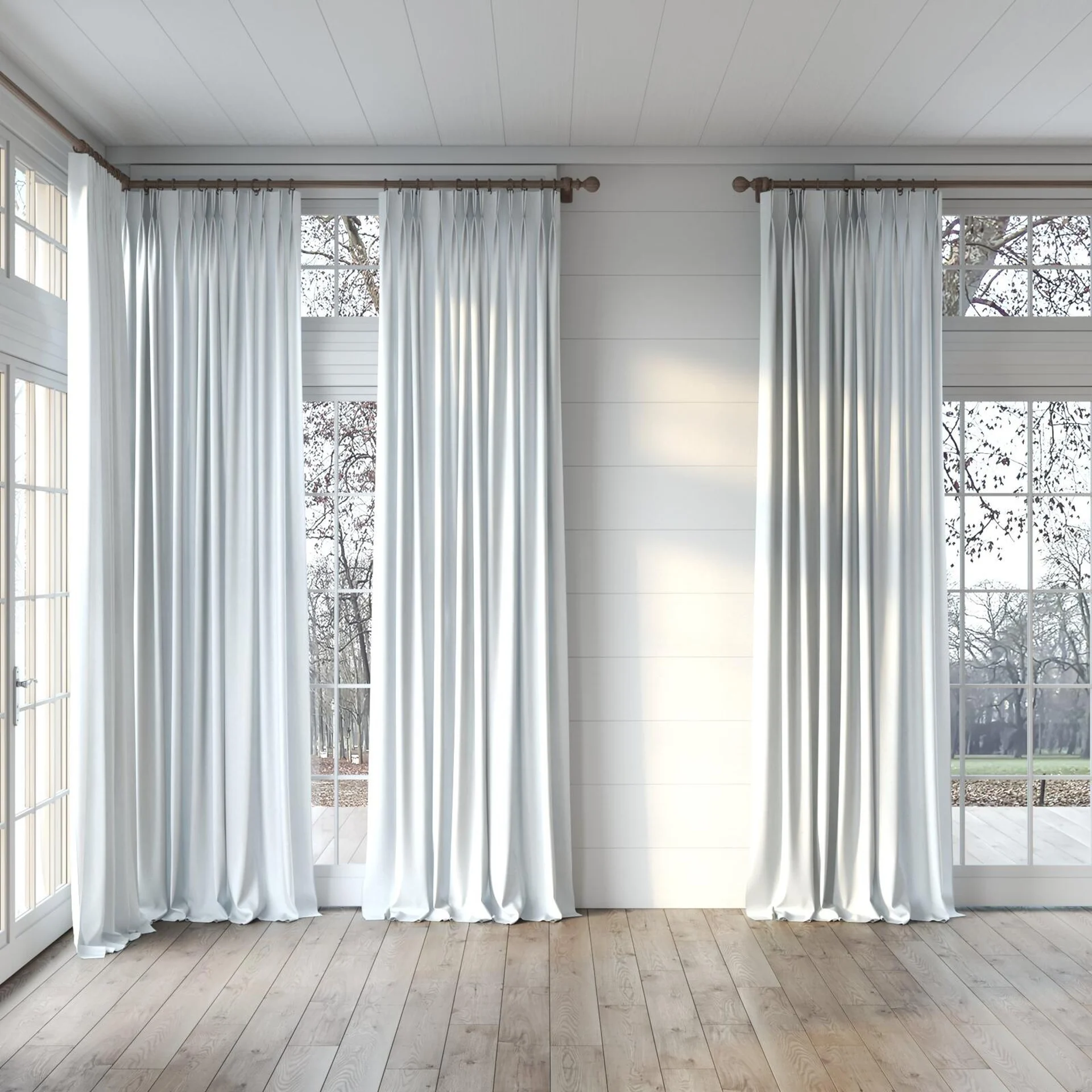 Full view of Ophelia Fog, puddled, on curtain rod