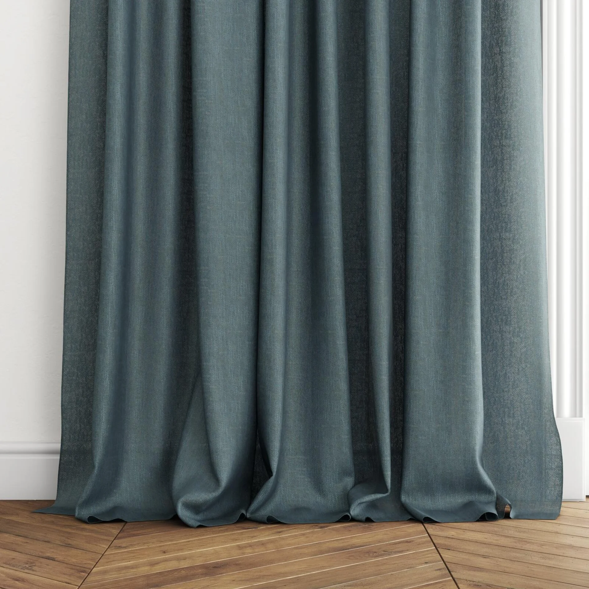 Bottom view of Lucidity Petrol, puddled with pinch pleat, on curtain rod