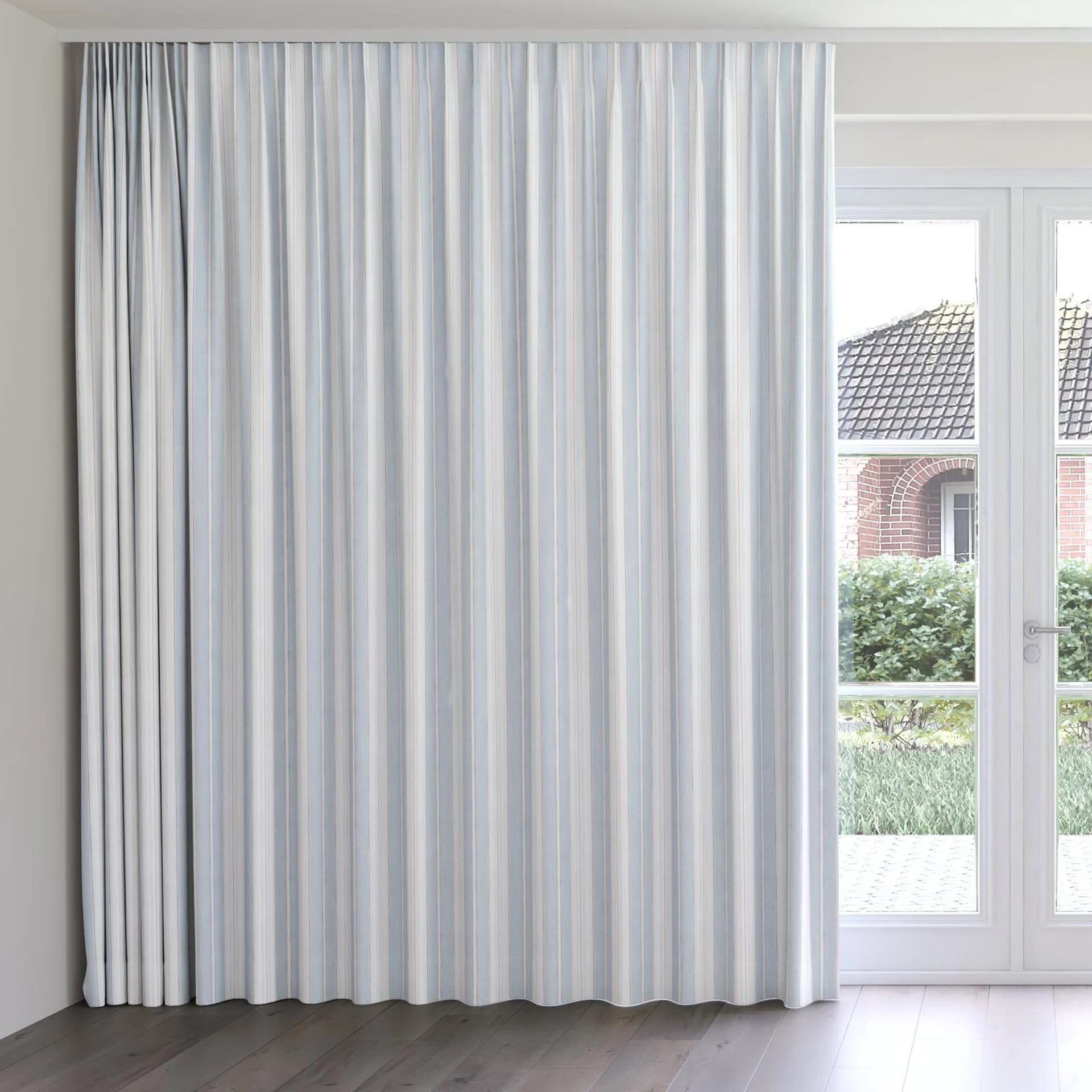 Front view of Chambray Multi Sky Blue, on curtain rail