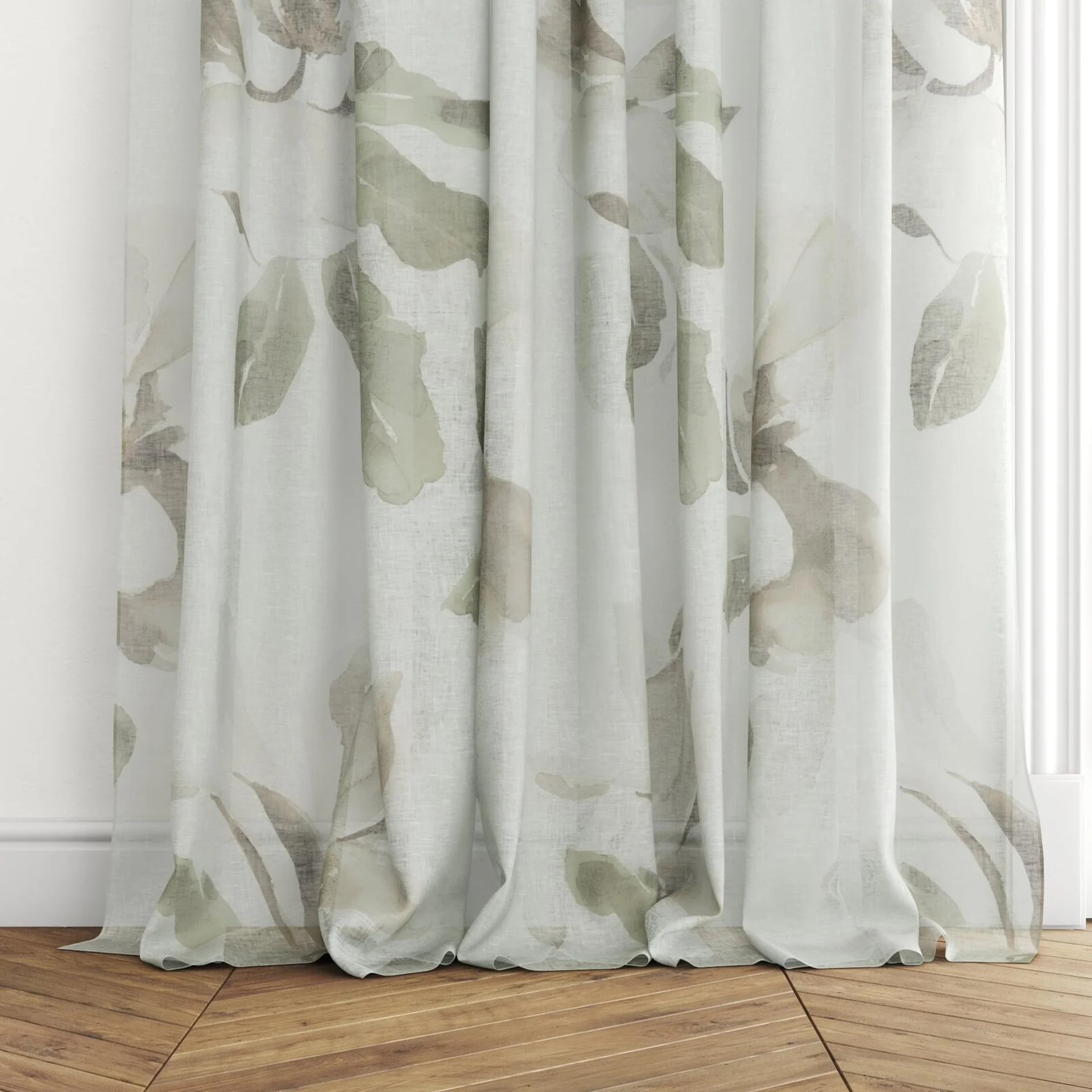 Bottom view of Magnolia Grande Sheer Clove, puddled with pinch pleat, on curtain rod