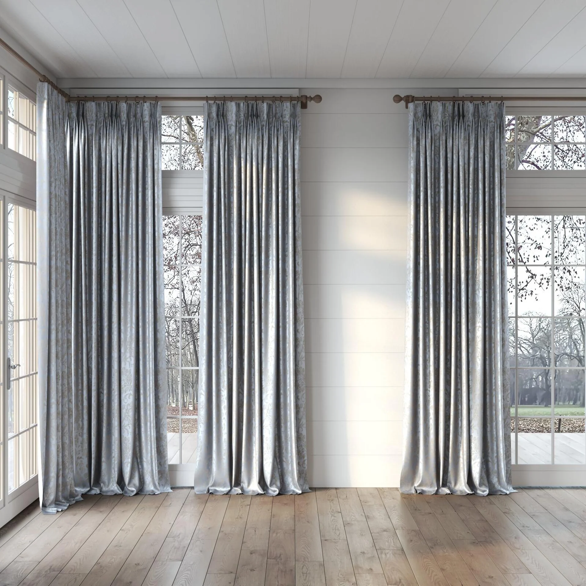 Full view of Florentine Ocean, puddled, on curtain rod