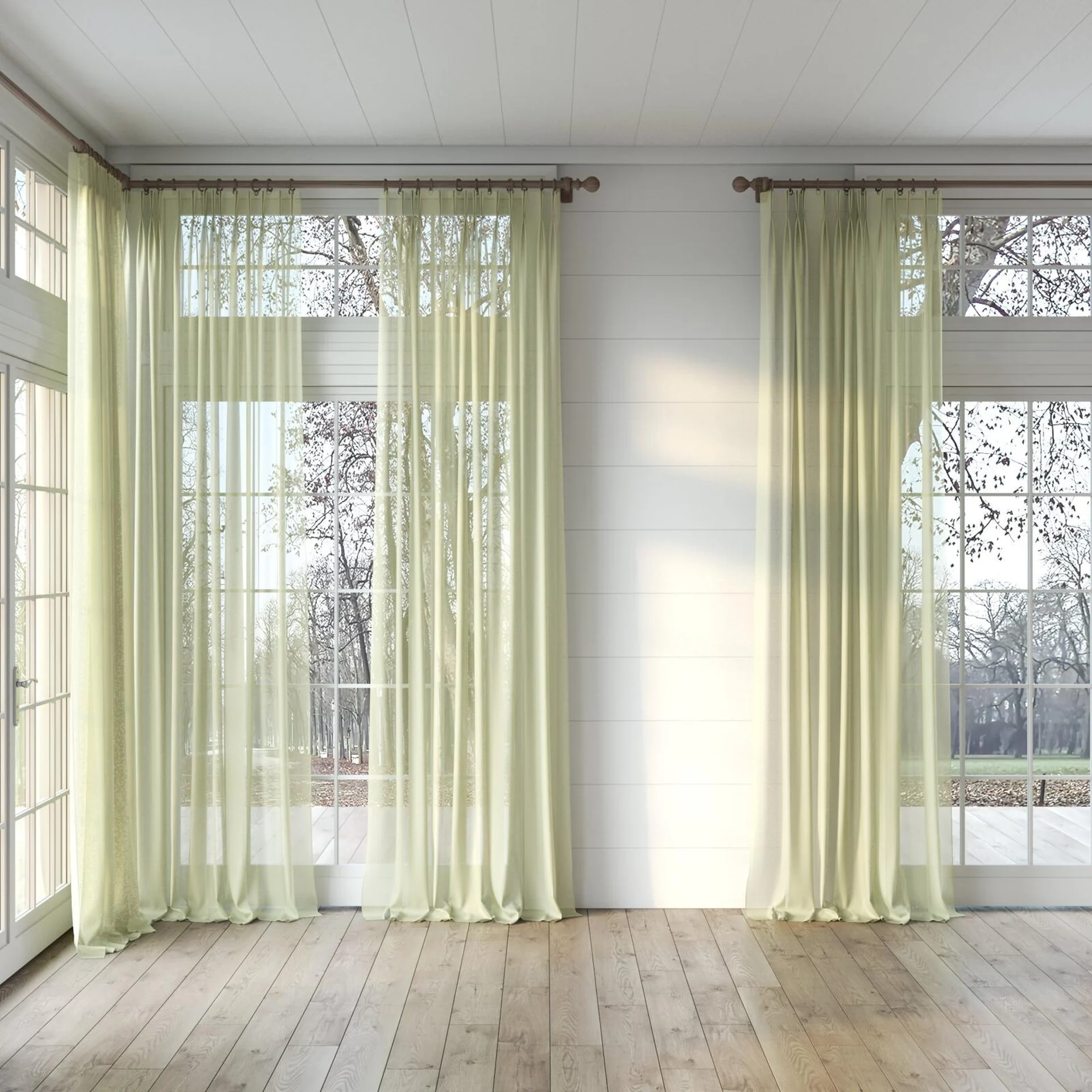Full view of Zine Linden, puddled, on curtain rod