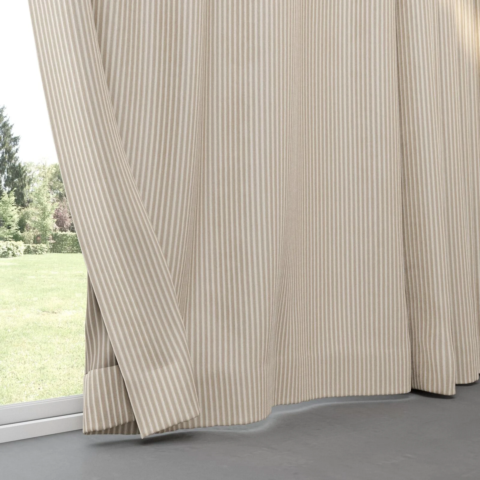 Bottom view of Embrace Taupe, pinch pleat