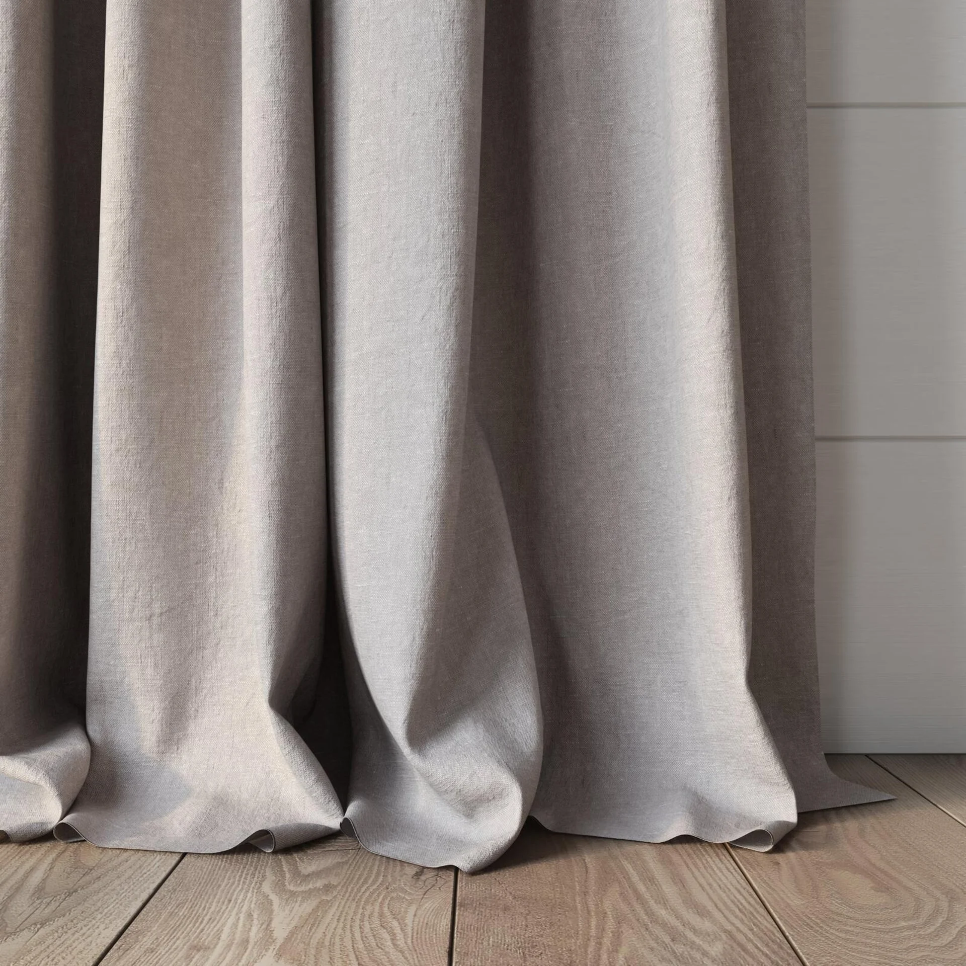 Bottom view of Obi Stonewash Lilac, puddled, on curtain rod