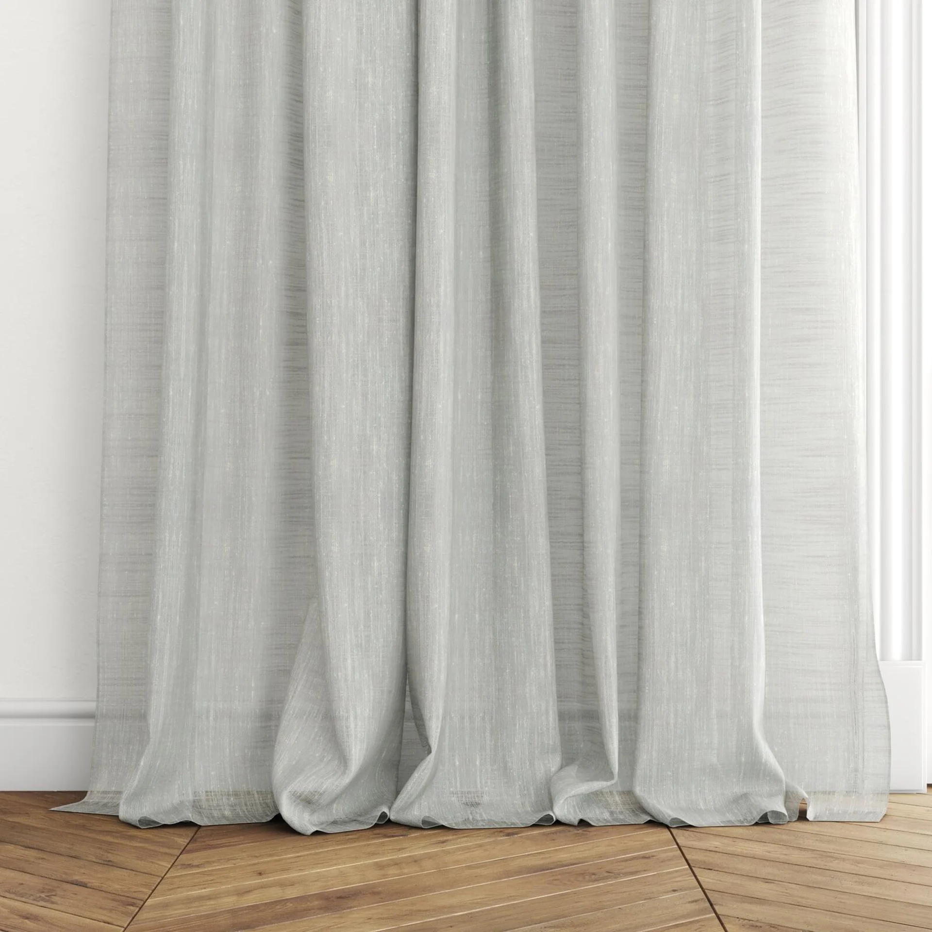 Bottom view of Zip Pearl, puddled with pinch pleat, on curtain rod