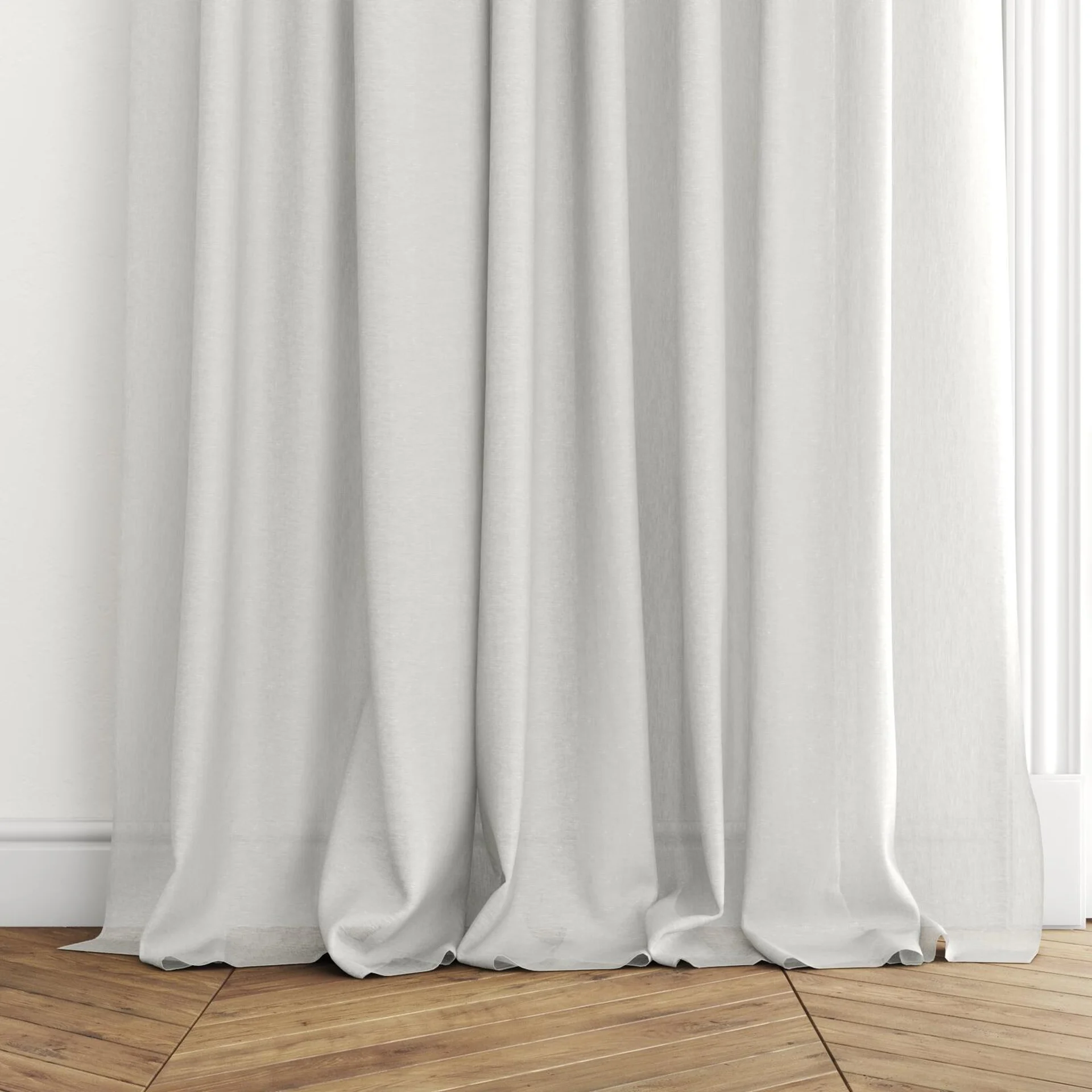 Bottom view of Laconia Air Cloud, puddled with pinch pleat, on curtain rod
