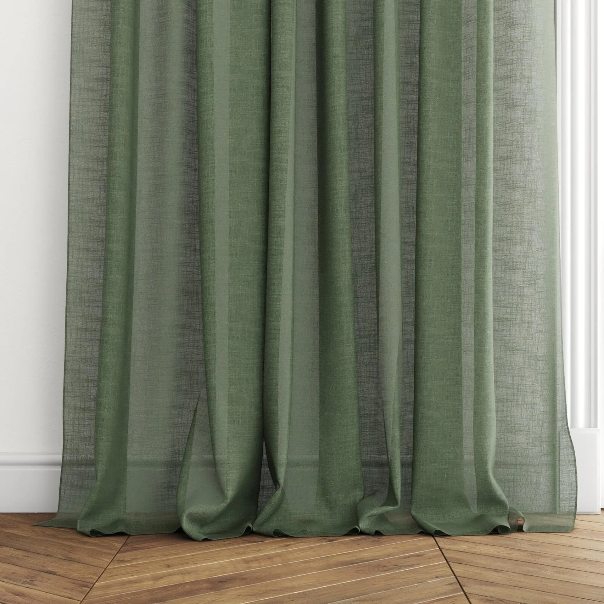 Bottom view of Verdant Olive, puddled with pinch pleat, on curtain rod