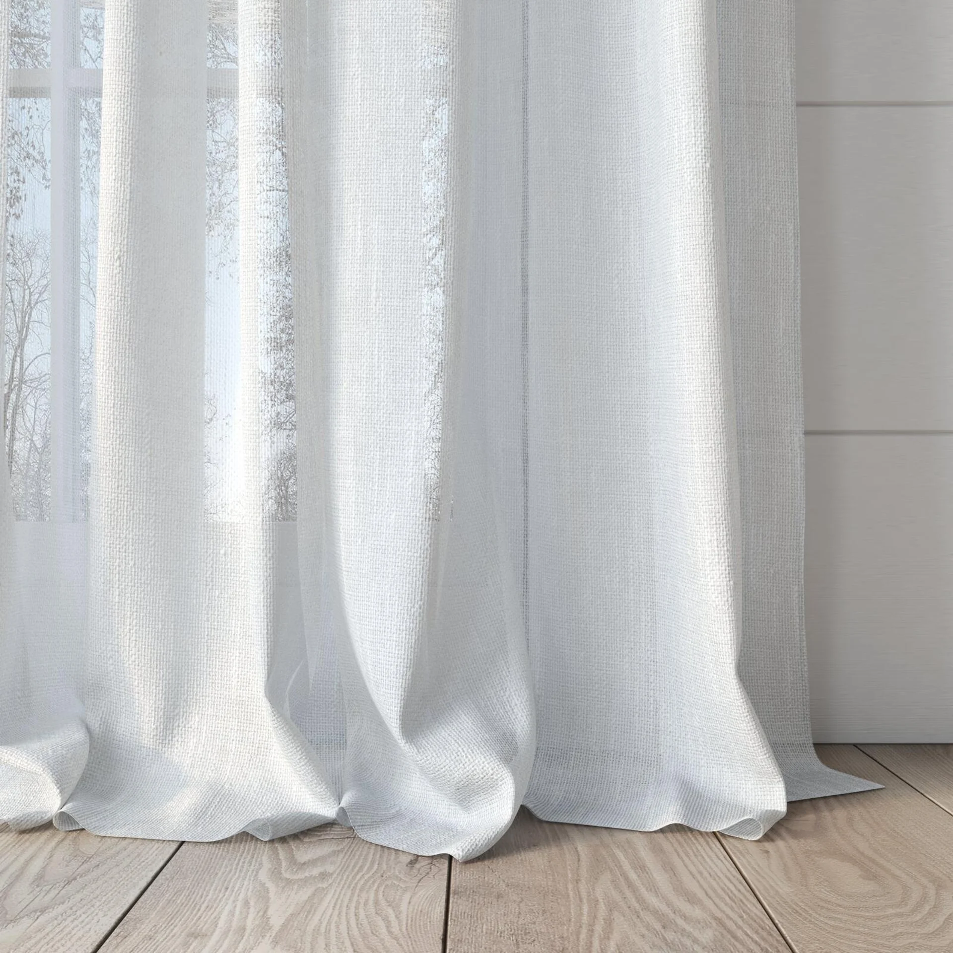 Bottom view of Homespun Whitewash, puddled, on curtain rod