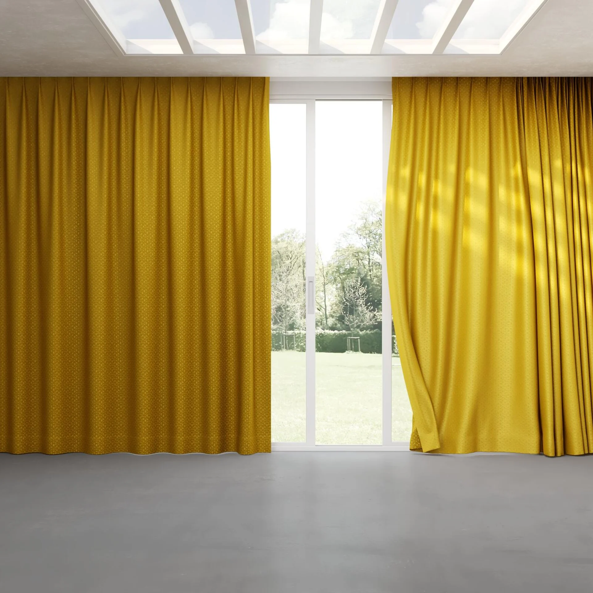Full view of Requiem Gold, pinch pleat