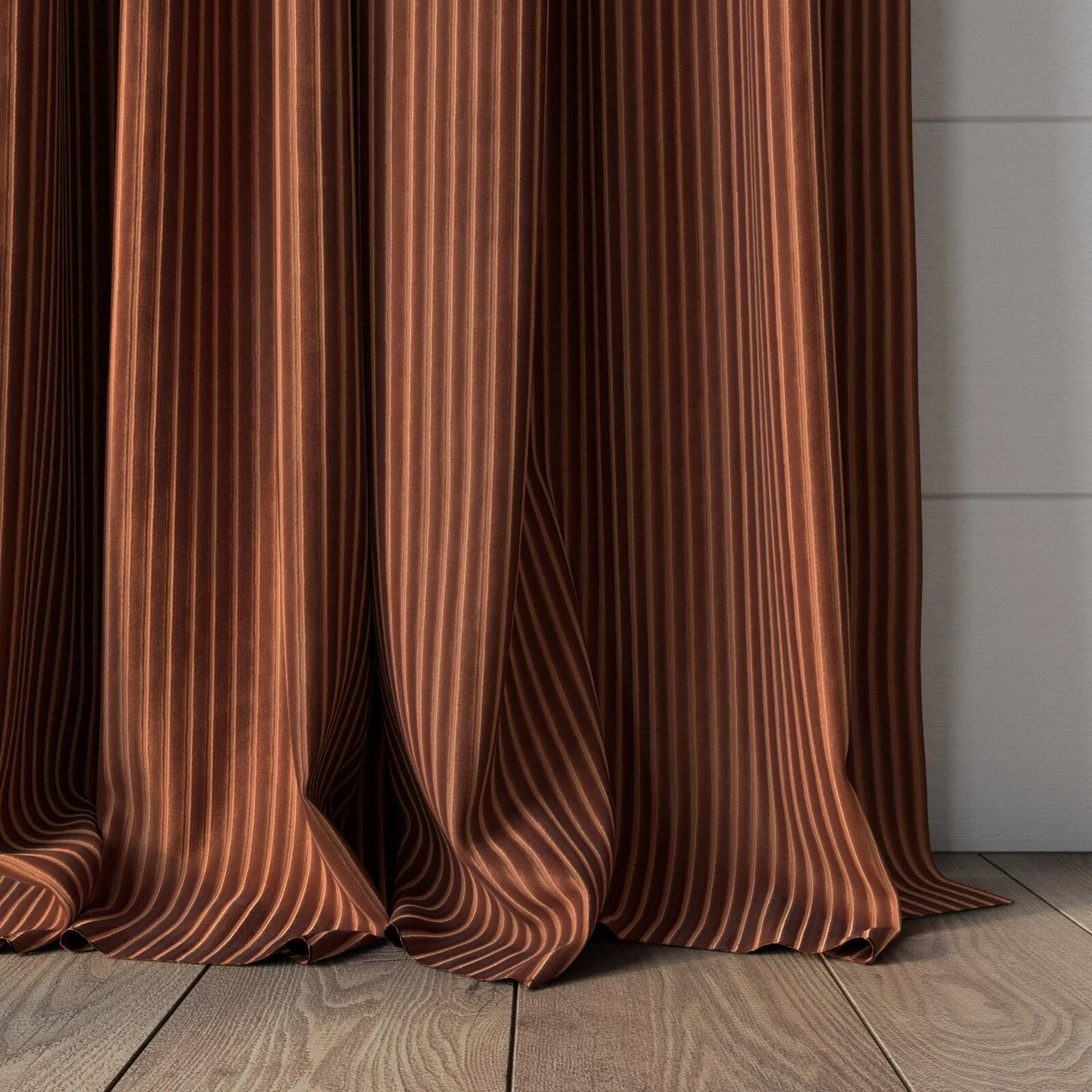 Bottom view of Embrace Copper, puddled, on curtain rod