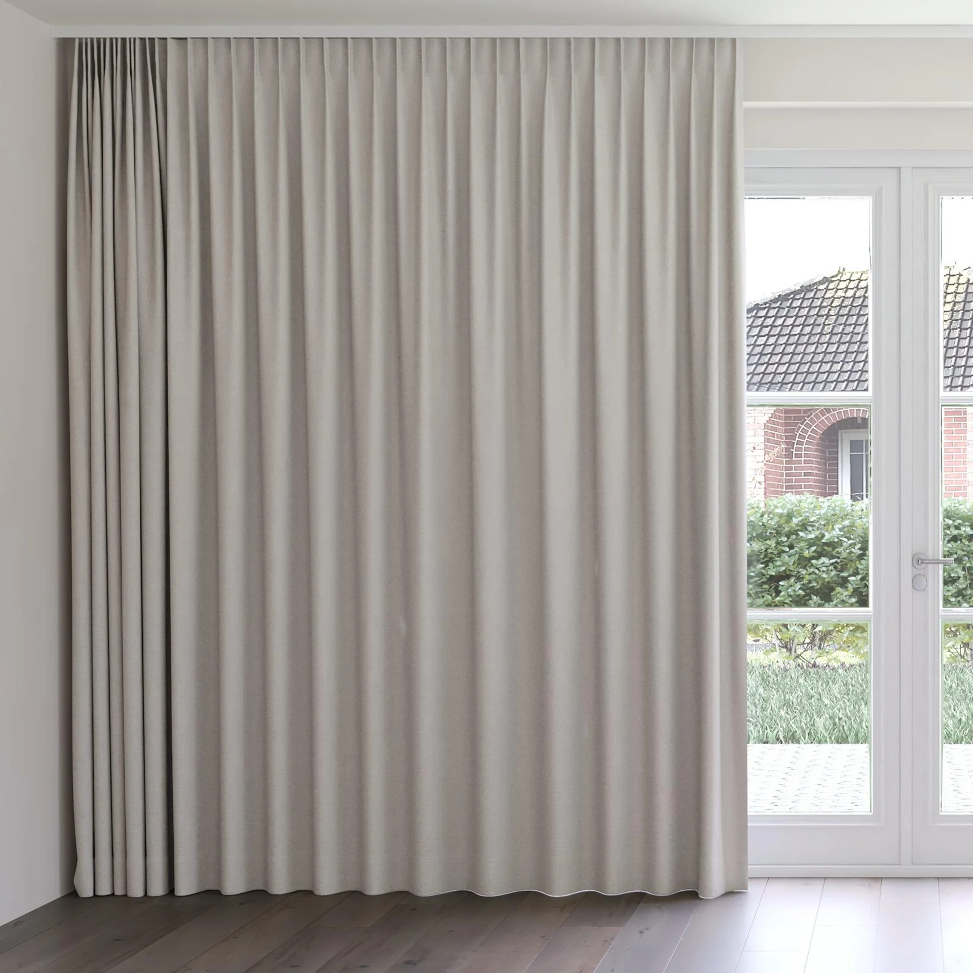Front view of Obi Stonewash Stone, on curtain rail