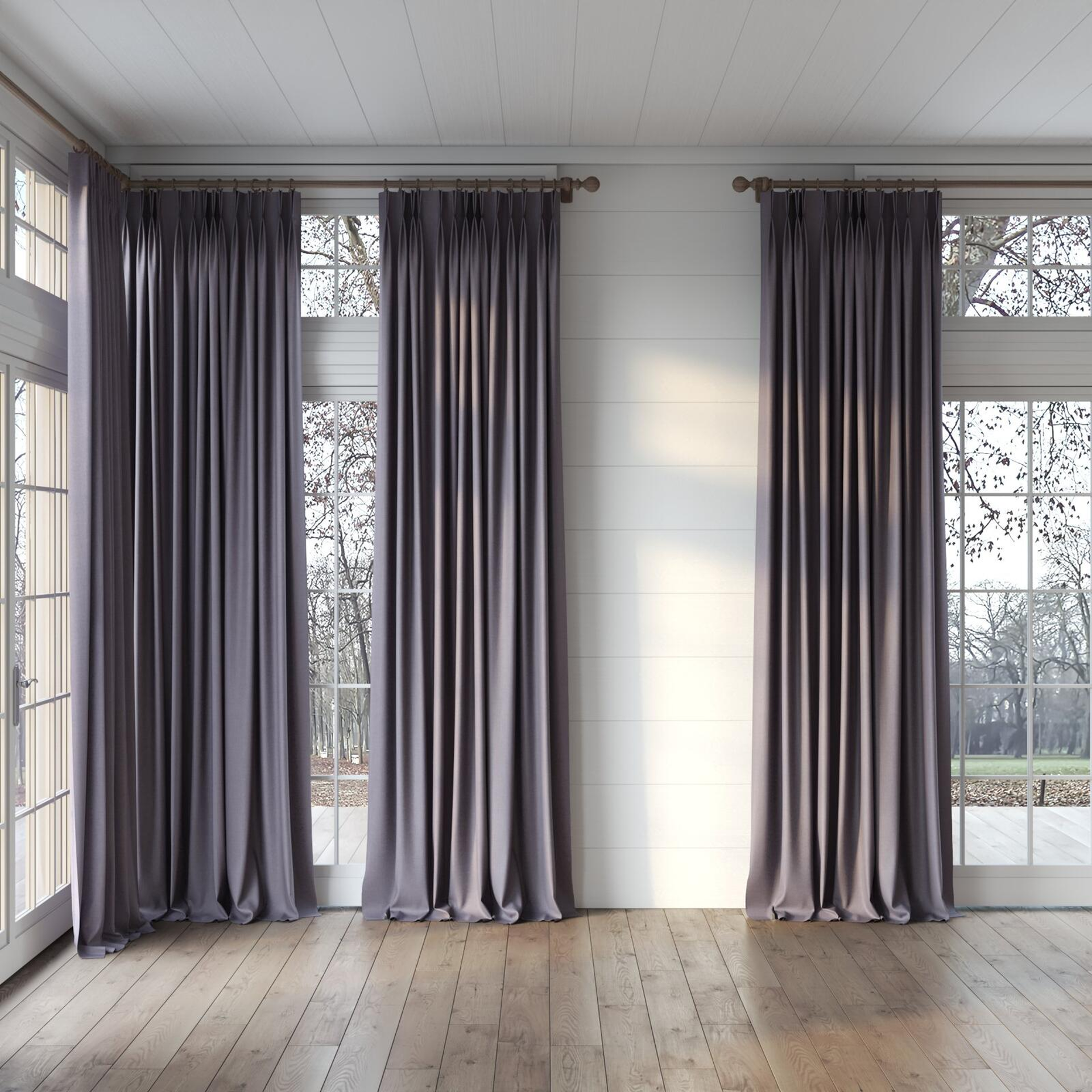Full view of Cushy Slate, puddled, on curtain rod