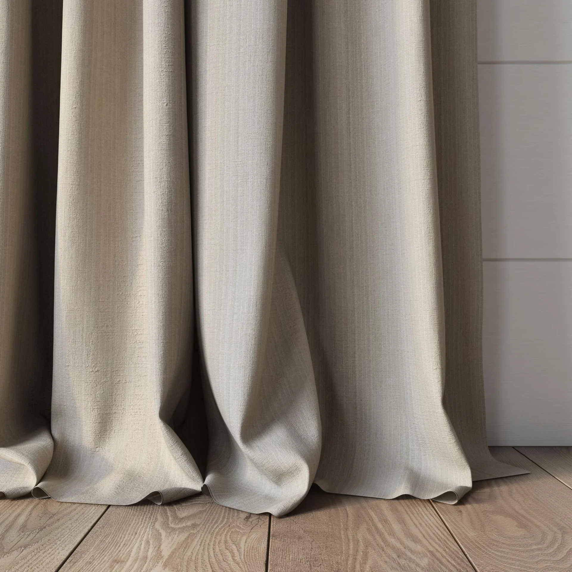 Bottom view of Stripia Sand, puddled, on curtain rod