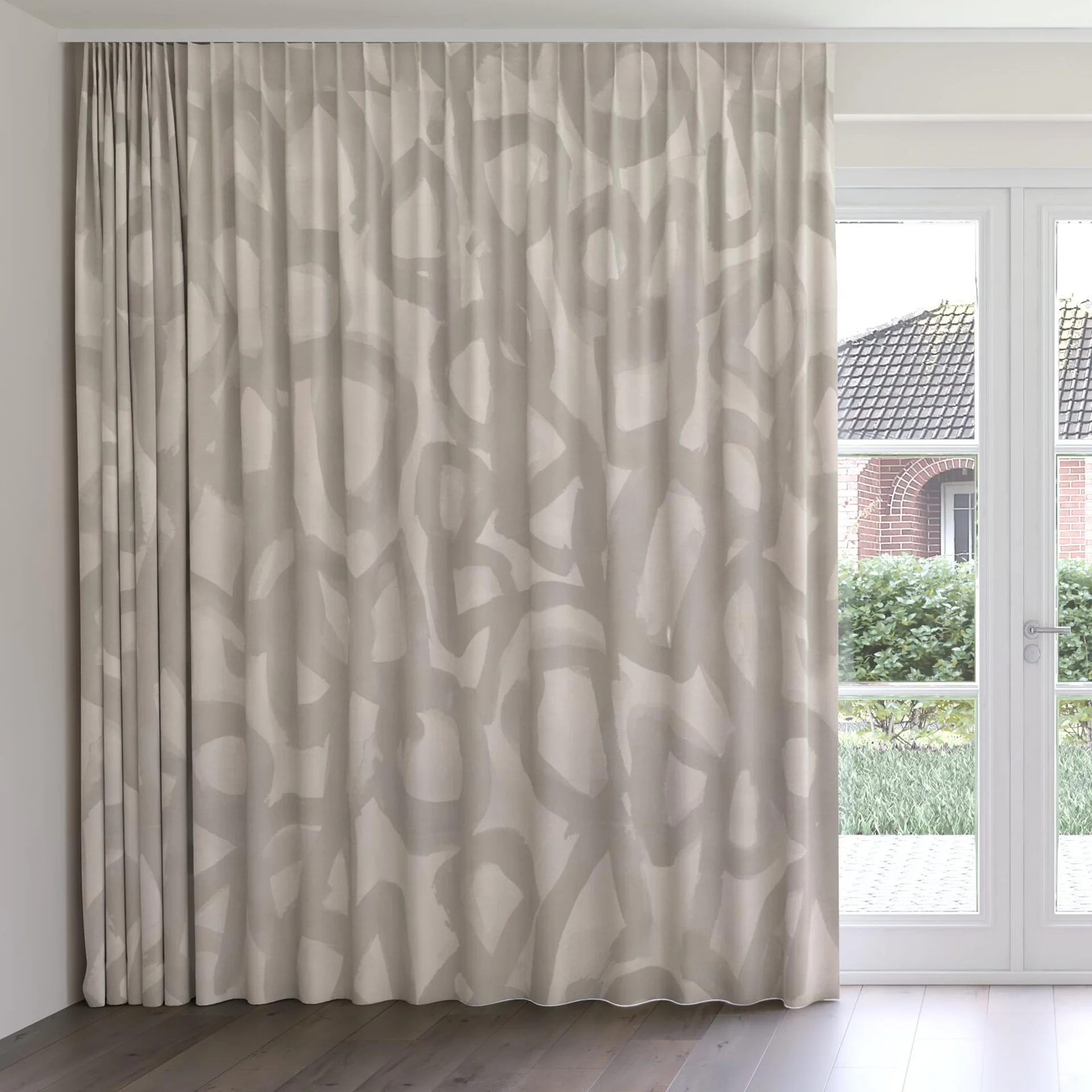 Front view of Abstraction Smoke, on curtain rail