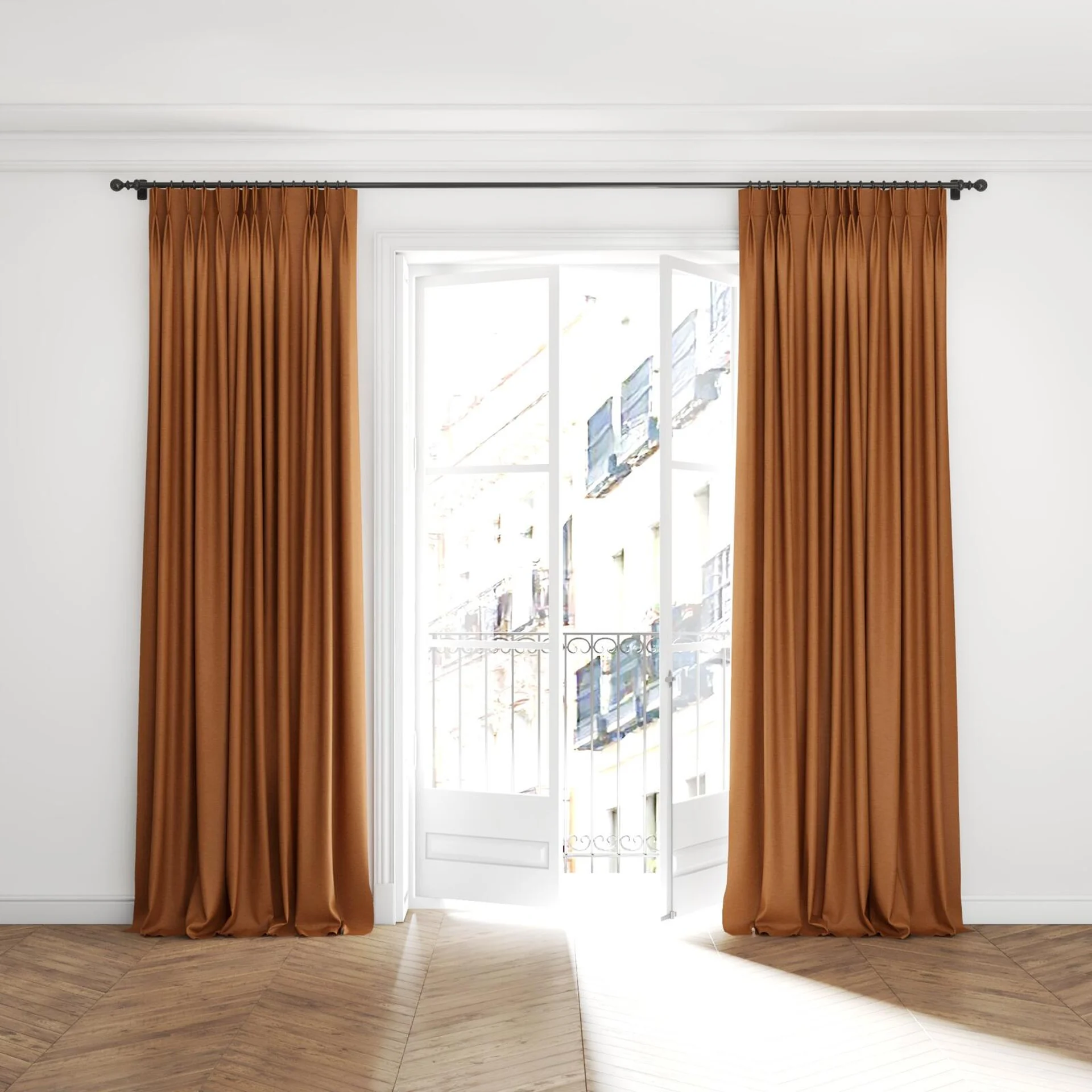 Full view of Bravo Canyon, puddled with pinch pleat, on curtain rod
