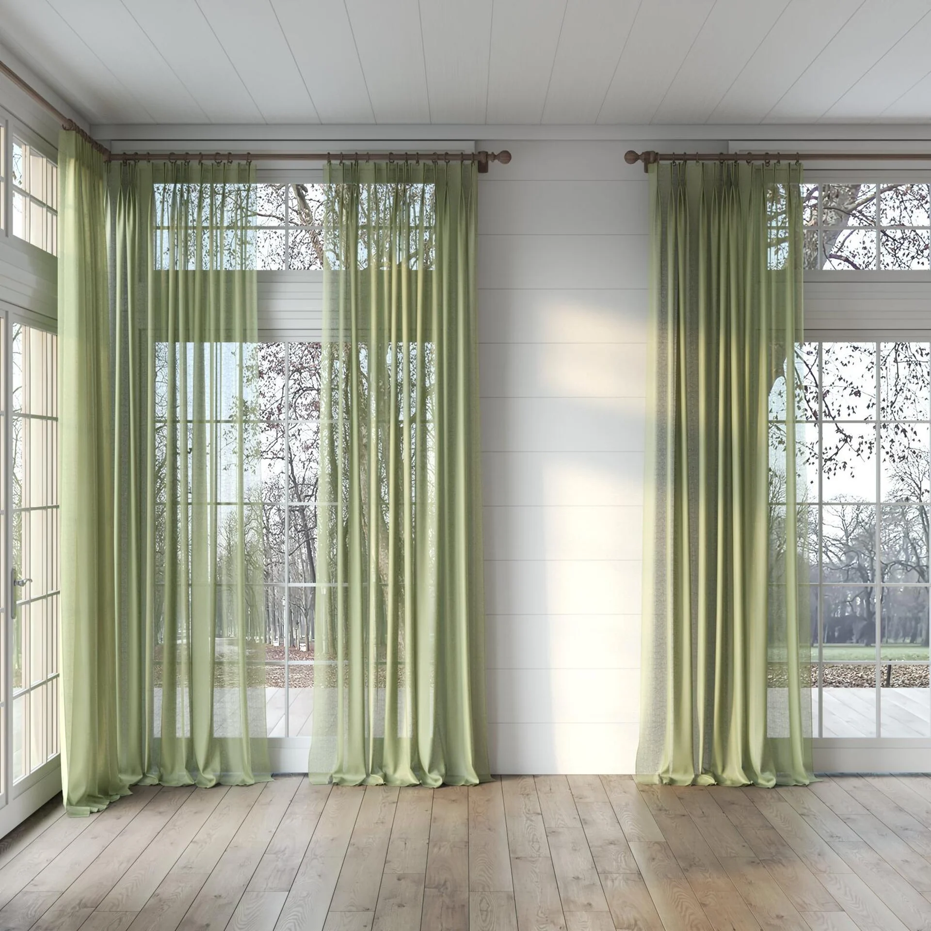 Full view of Kanso Stonewash Green Tea, puddled, on curtain rod